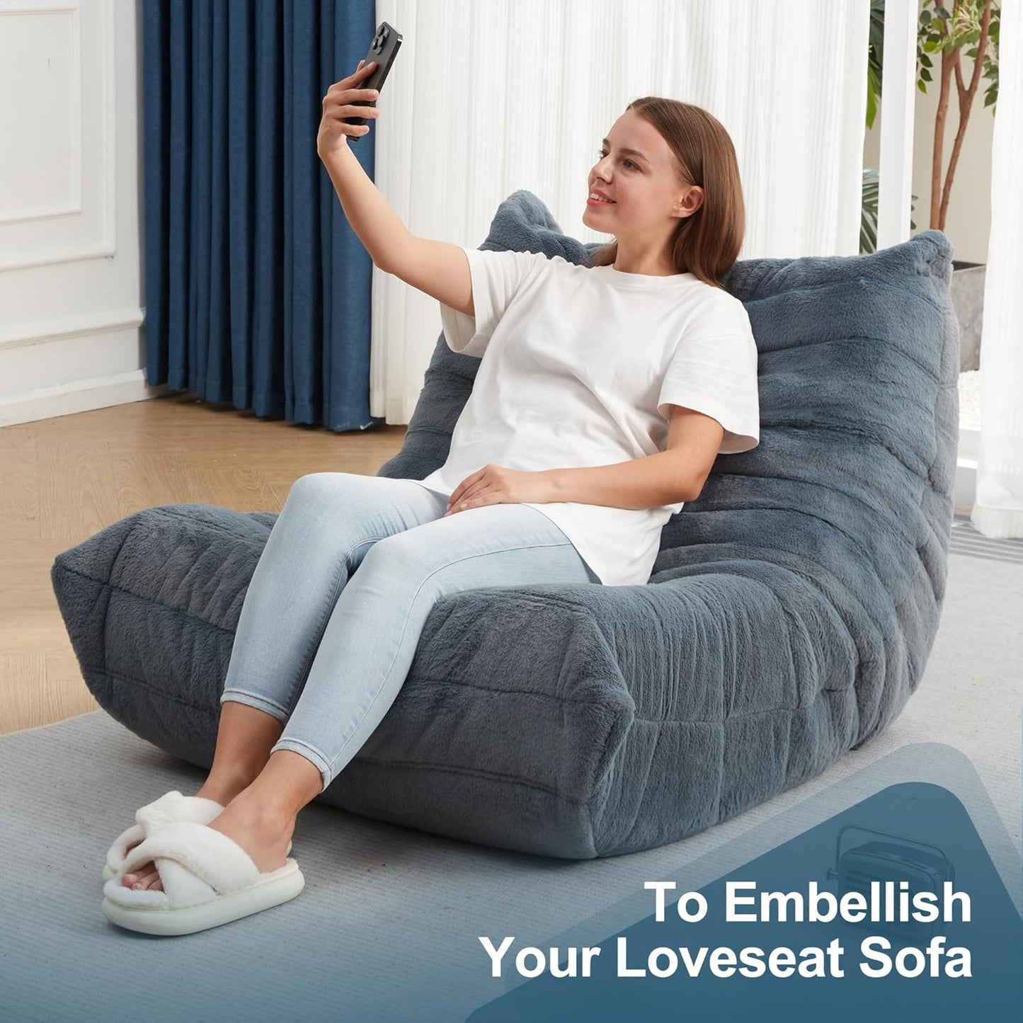 Bean Bag Chairs for Adults Giant Bean Bag Chair Memory Foam BeanBag Chair Bean Bag Sofa with Filler Faux Fur Fireside Beanbags Lazy Sofa for Living Room Bedroom Office (Bluegrey Plush, Single)