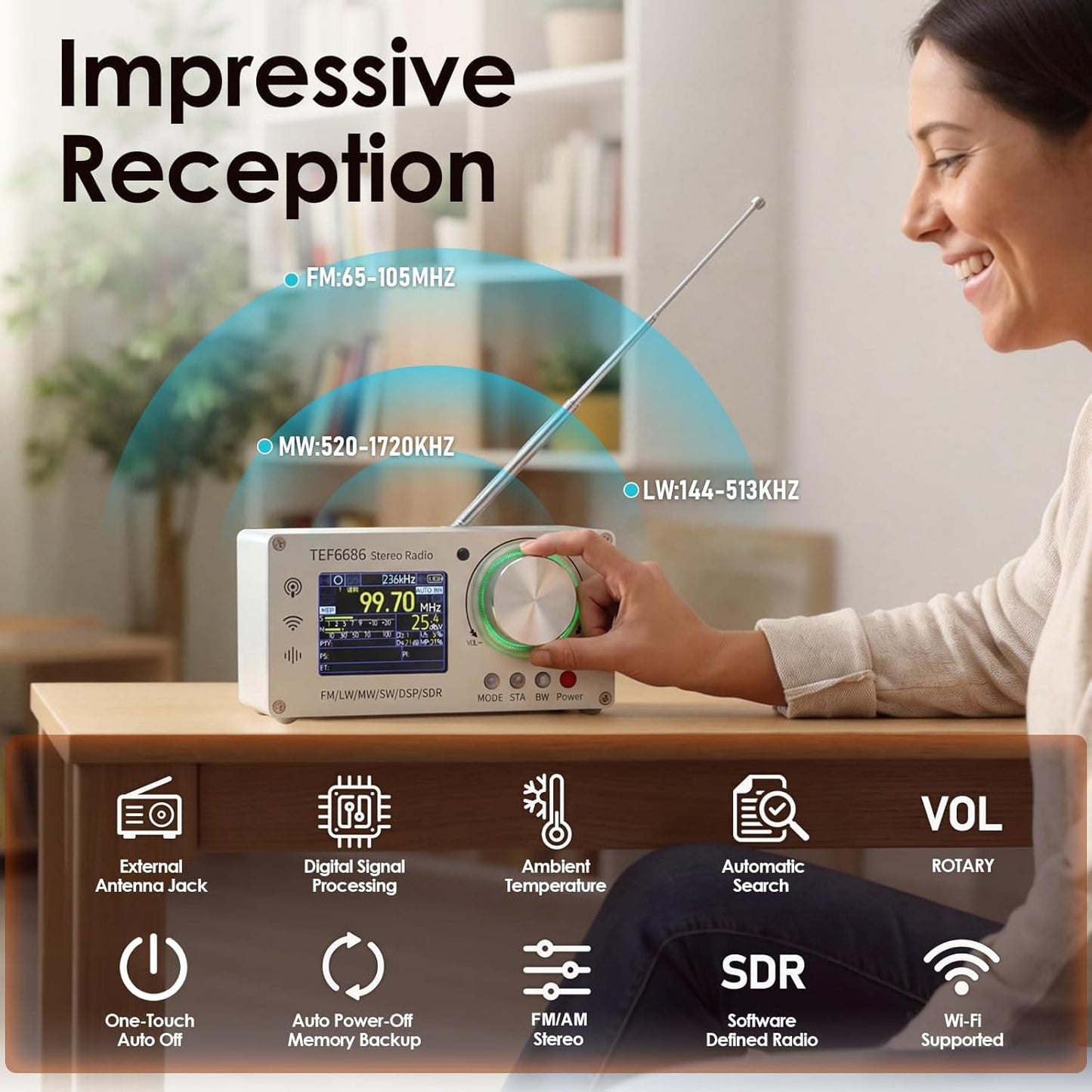 TEF6686 Full Band DSP Radio, High Sensitivity AM/FM Radio for FM,SW,MW,LW, Portable TFT Display SDR Indoor/Outdoor Radio for Ham/DXer