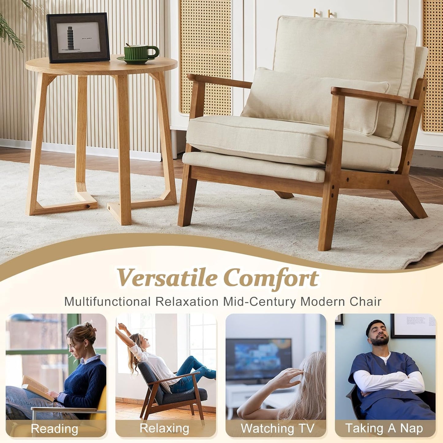 VINGLI Solid Wood Wide Armrests Accent Chair Set of 2,Upholstered Mid Century Modern Chair with Pillow,Farmhouse Arm Chair Comfy Reading Chair,Chairs Living Room,Bedroom,Guest Room,Linen Fabric,Beige