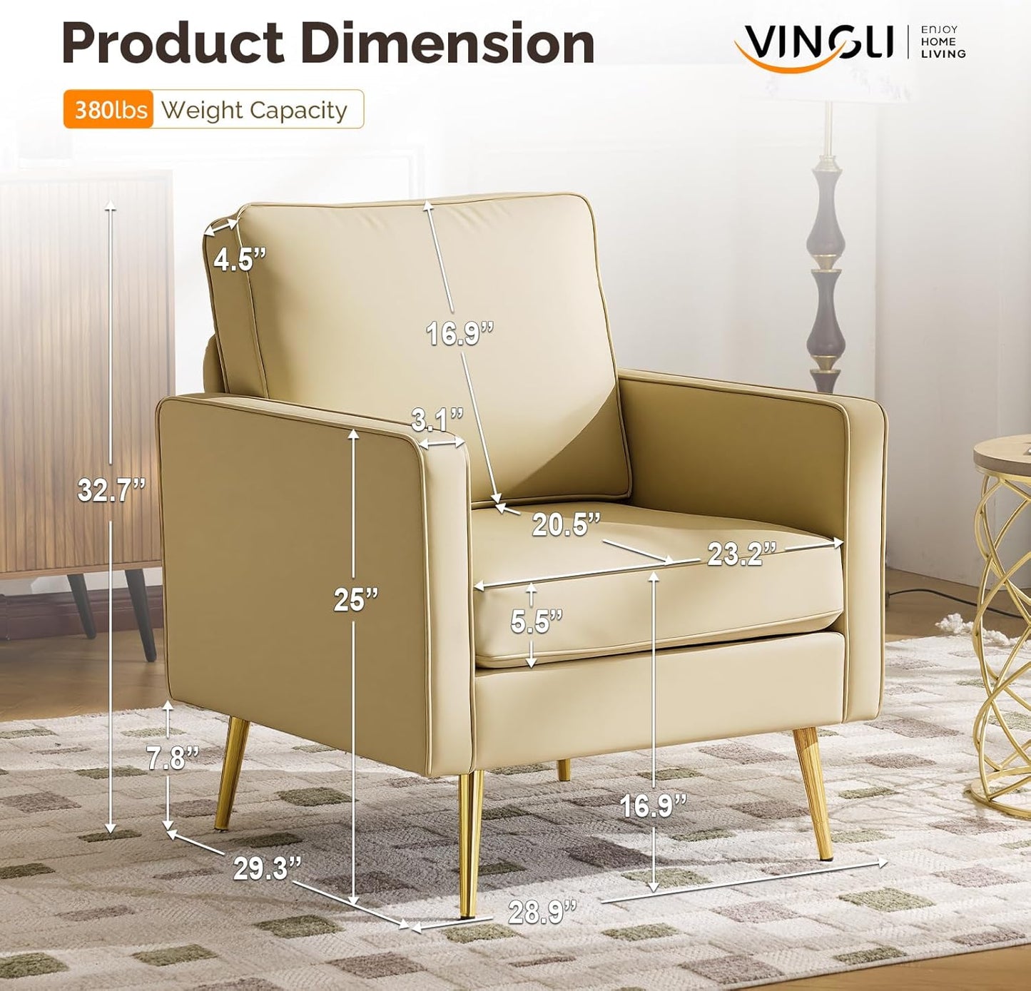 VINGLI Modern PU Leather Accent Chairs Set of 2, Single Sofa Chair with Pocket Coil Seat, Metal Backrest & Solid Wood Frame, Upholstered Armchair for Living Room, Bedroom or Office