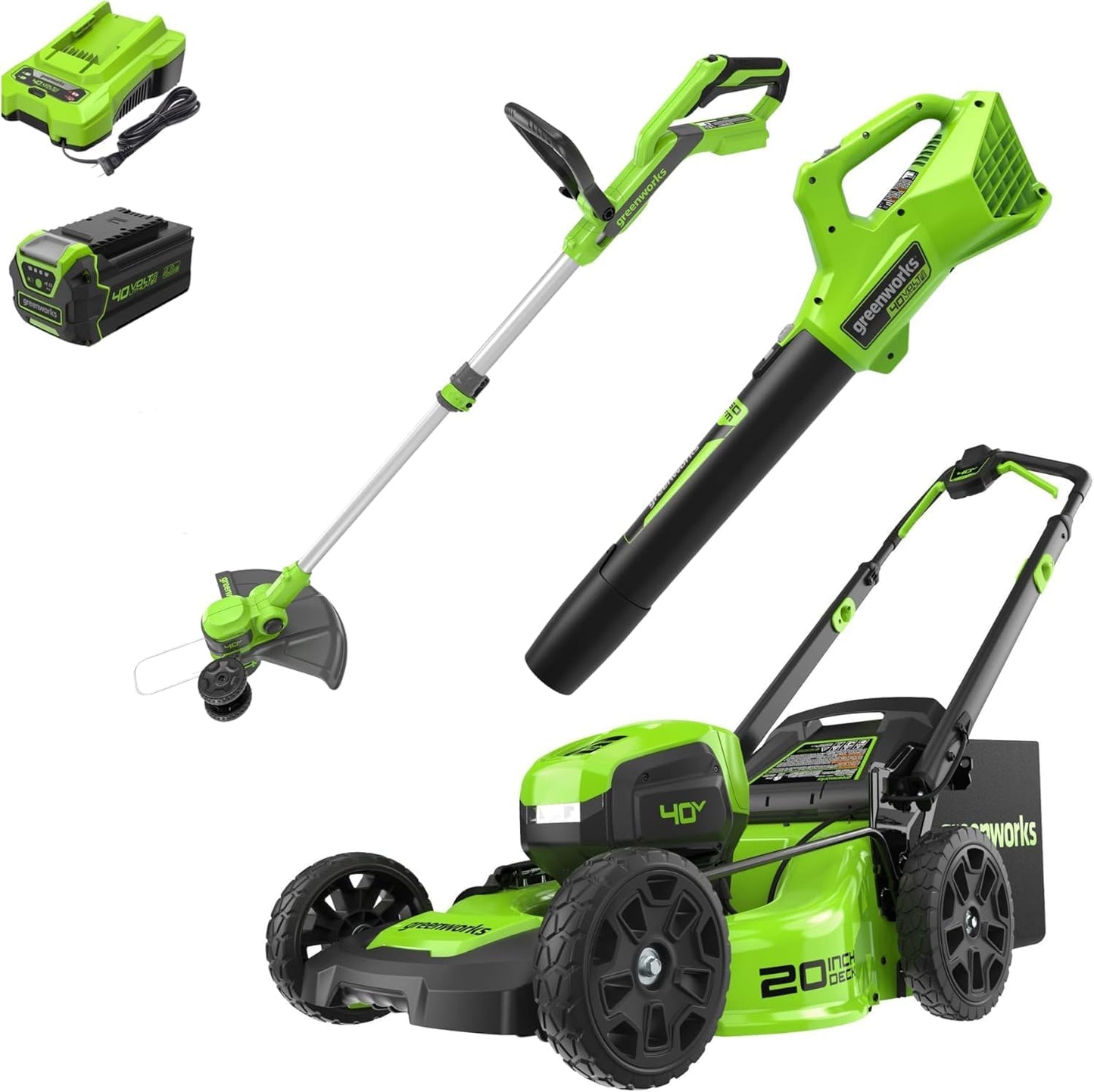 Greenworks 40V 20" Cordless Battery Push Lawn Mower, 13" String Trimmer & 350 CFM Leaf Blower w/ 4.0Ah Battery & Charger