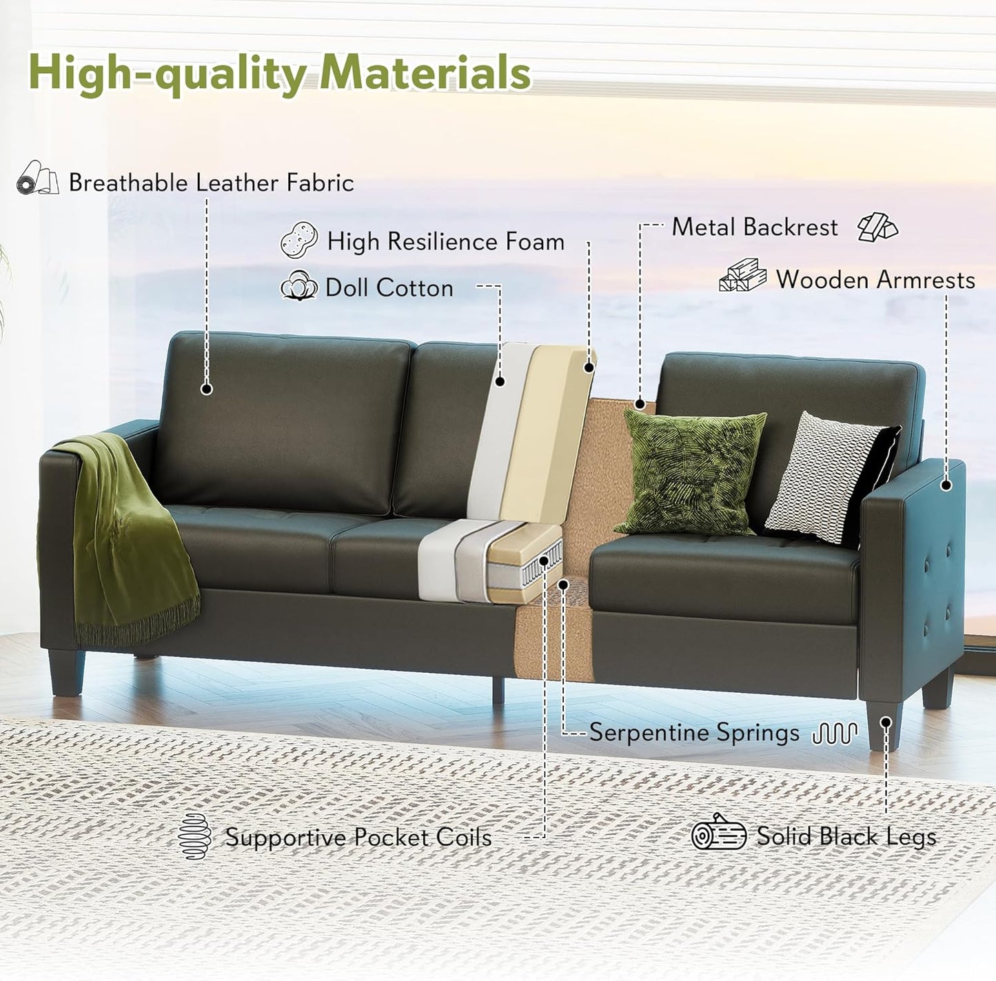 STHOUYN Black Faux Leather 3 Seater Sofa, Loveseat and Accent Chair, Modern Comfy Office Furniture Set, Small Love Seat Couch with Tufted Armrest and USB, 3 Pieces Living Room Furniture Sets (3+2+1)