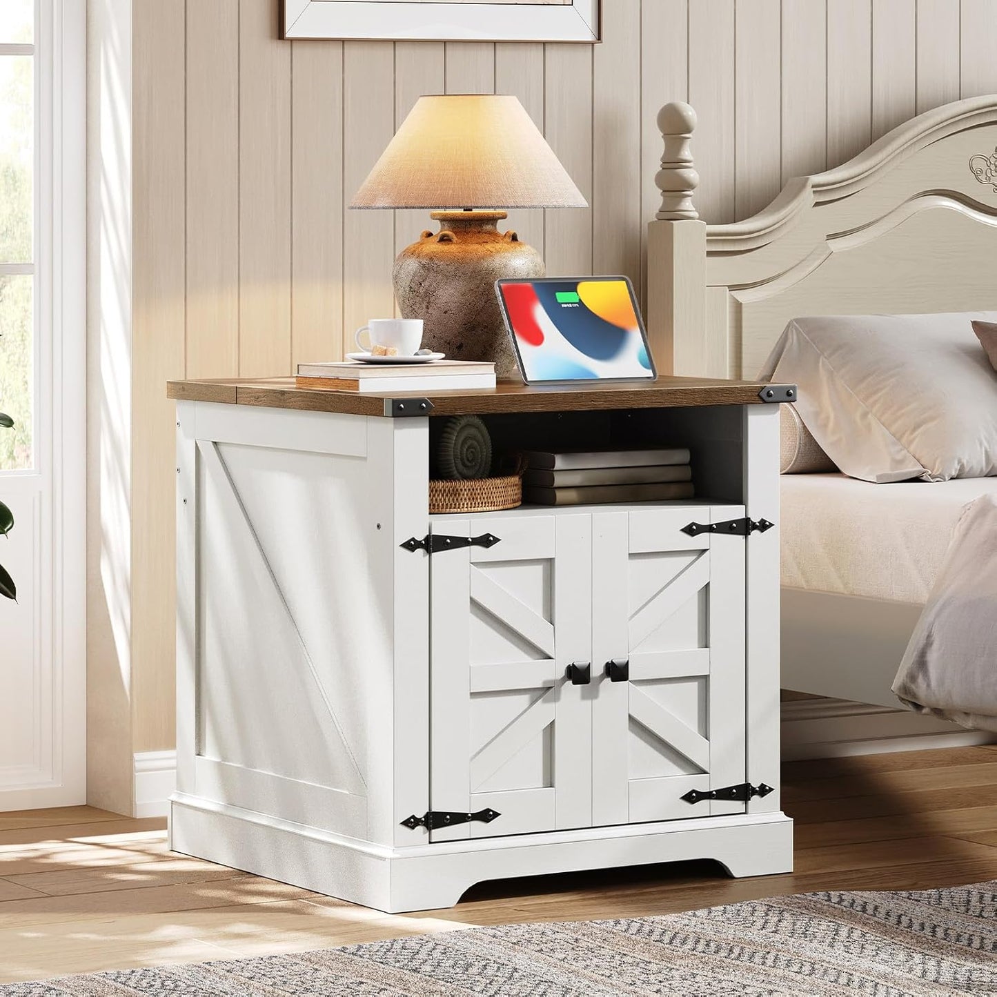 HOOBRO Farmhouse End Tables Set of 2 with Charging Station, 23.6" Large End Table for Living Room, Sofa Side Table with Barn Door, Wooden Square Nightstand Bedside Table, White and Walnut WH601UBZP201
