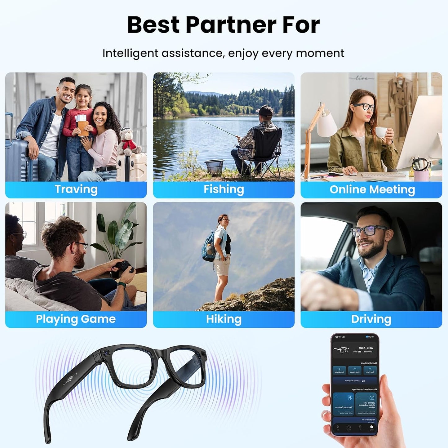 Mingtawn AI Smart Glasses 4K HD Camera, BT Call, 800W Anti-Shake Camera Glasses with Video Recording Dual Mic, Simultaneous Interpretation/GPT Identify Objects, 270mAh Photochromic Glasses（Black