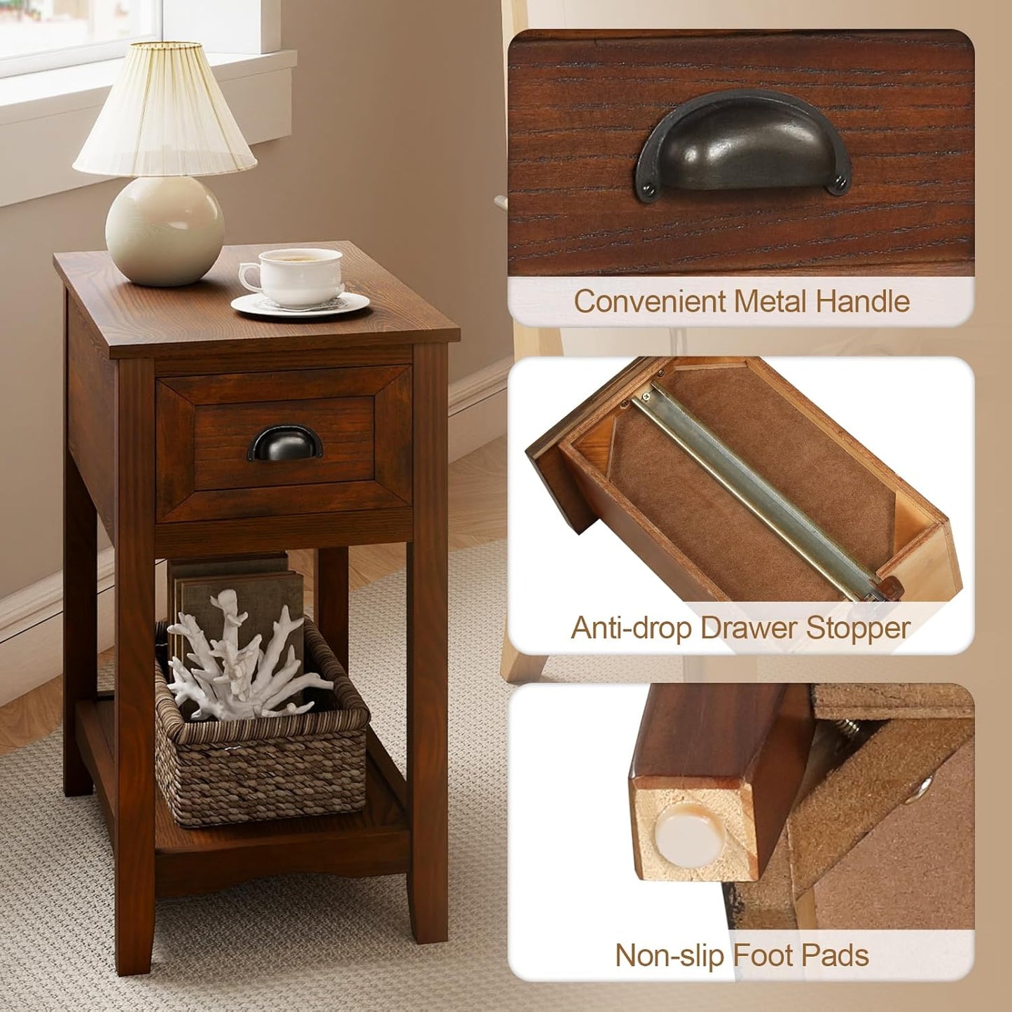 Giantex End Table with Drawer Set of 2, Retro Narrow Side Table, Nightstand with Solid Wood & Storage Shelf, Bedside Table for Living Room Bedroom Small Space Home Office (2, Walnut)