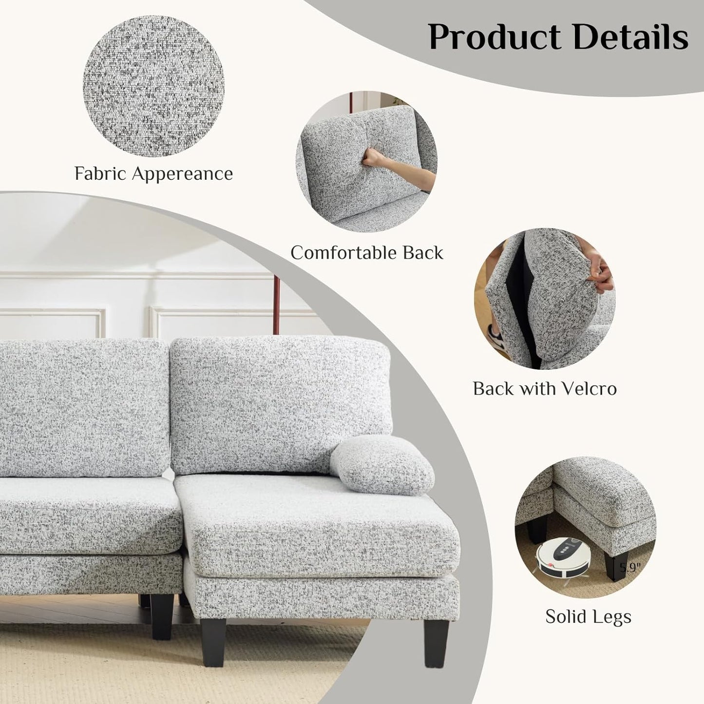Karl home 110" U-Shape Sectional Couches for Living Room Chenille Upholstery 4 Seat Sofa Set with Double Chaises & Wood Grain Legs for Apartment, White & Grey