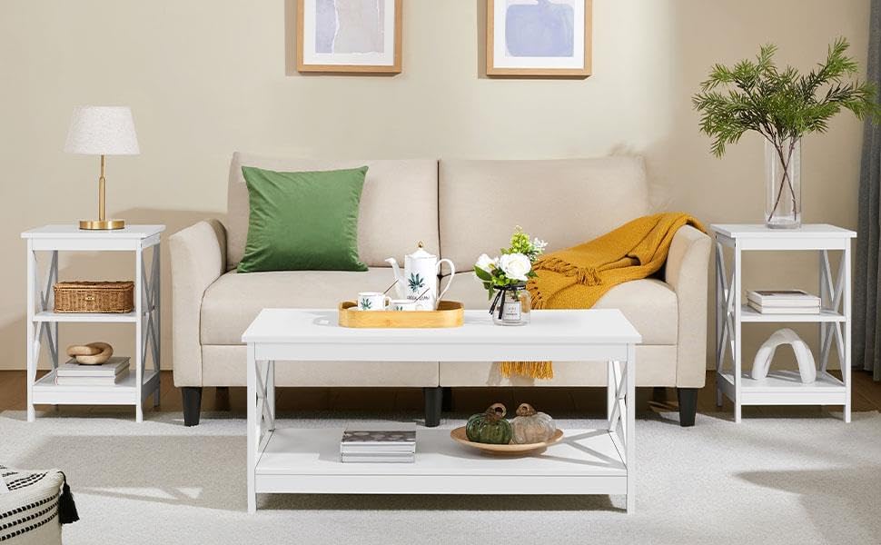 Yaheetech 3 Piece Living Room Wood Table Set, X-Design Coffee Table with Shelf & 2 x 3-Tier End Side Tables Storage Cabinet for Living Room, Accent Furniture, White