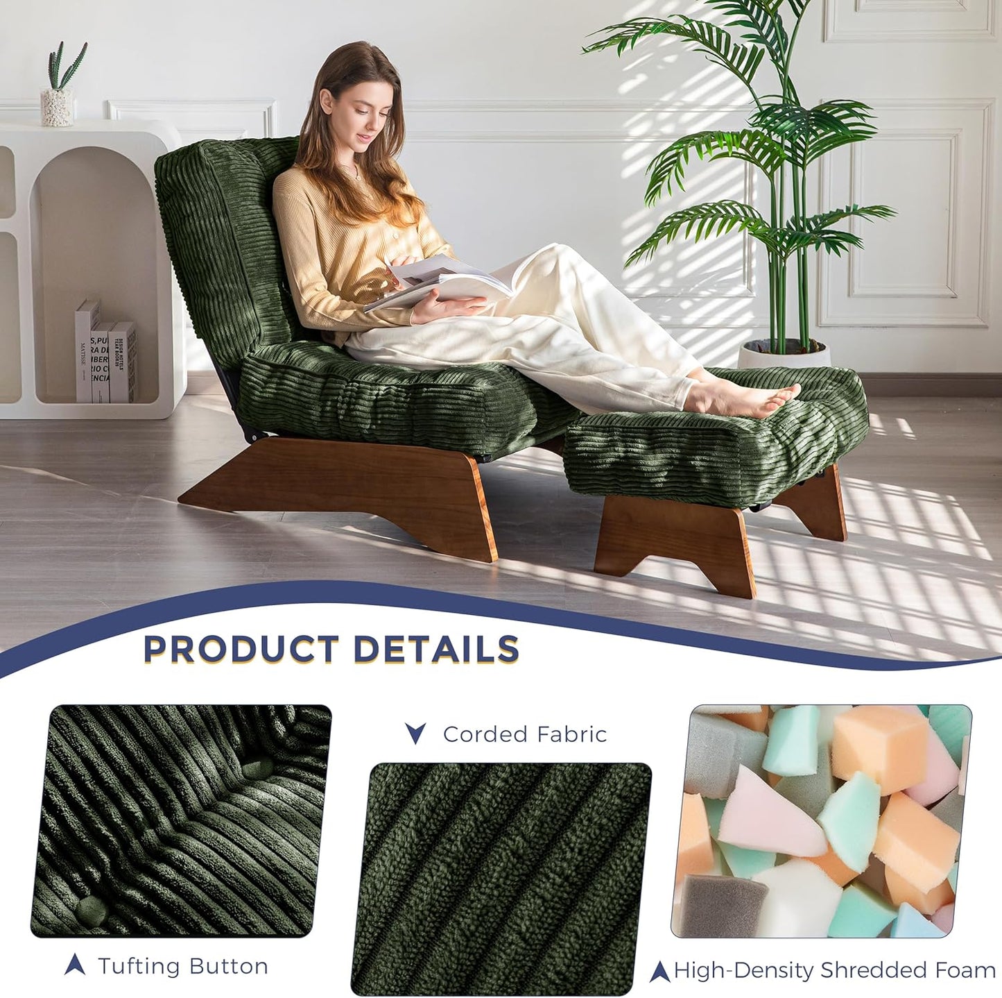 MAXYOYO Accent Chair with Ottoman Adjustable Backrest, Tufted Living Room Chair Upholstered Lounge Chair with Footrest Set, Modern Chair Cozy Reclining Chair for Reading Room, Green