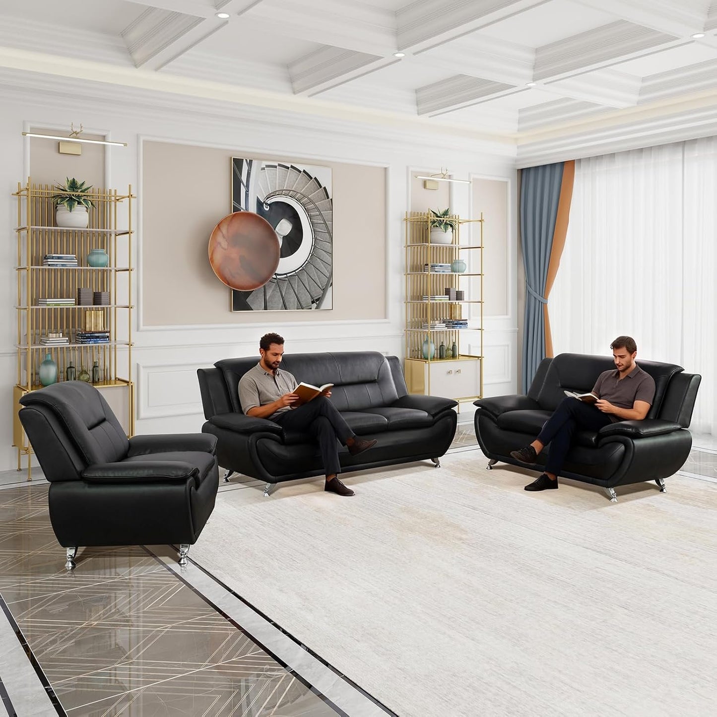 Modern Leather Sofa Set, Living Room Furniture, 3 - Piece Couch Set, Faux Leather Couch Loveseat Chair Set with Sturdy Legs for Living Room/Bedroom/Office,Black