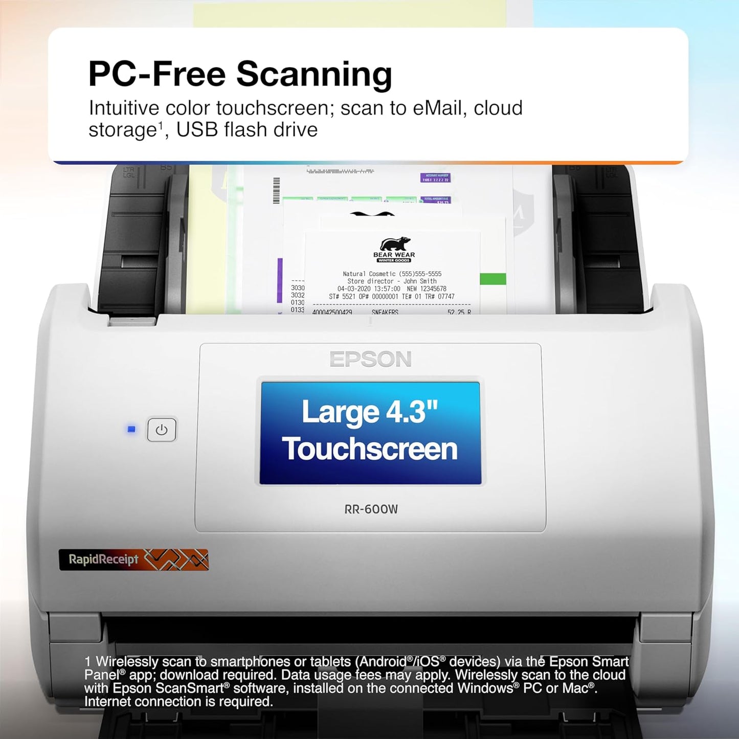 Epson RapidReceipt RR-600W Wireless Desktop Color 2-Sided Document & Tax Receipt Scanner with ScanSmart AI PRO Data Management Software for PC & Mac Touchscreen & 100-Page Auto Document Feeder, White