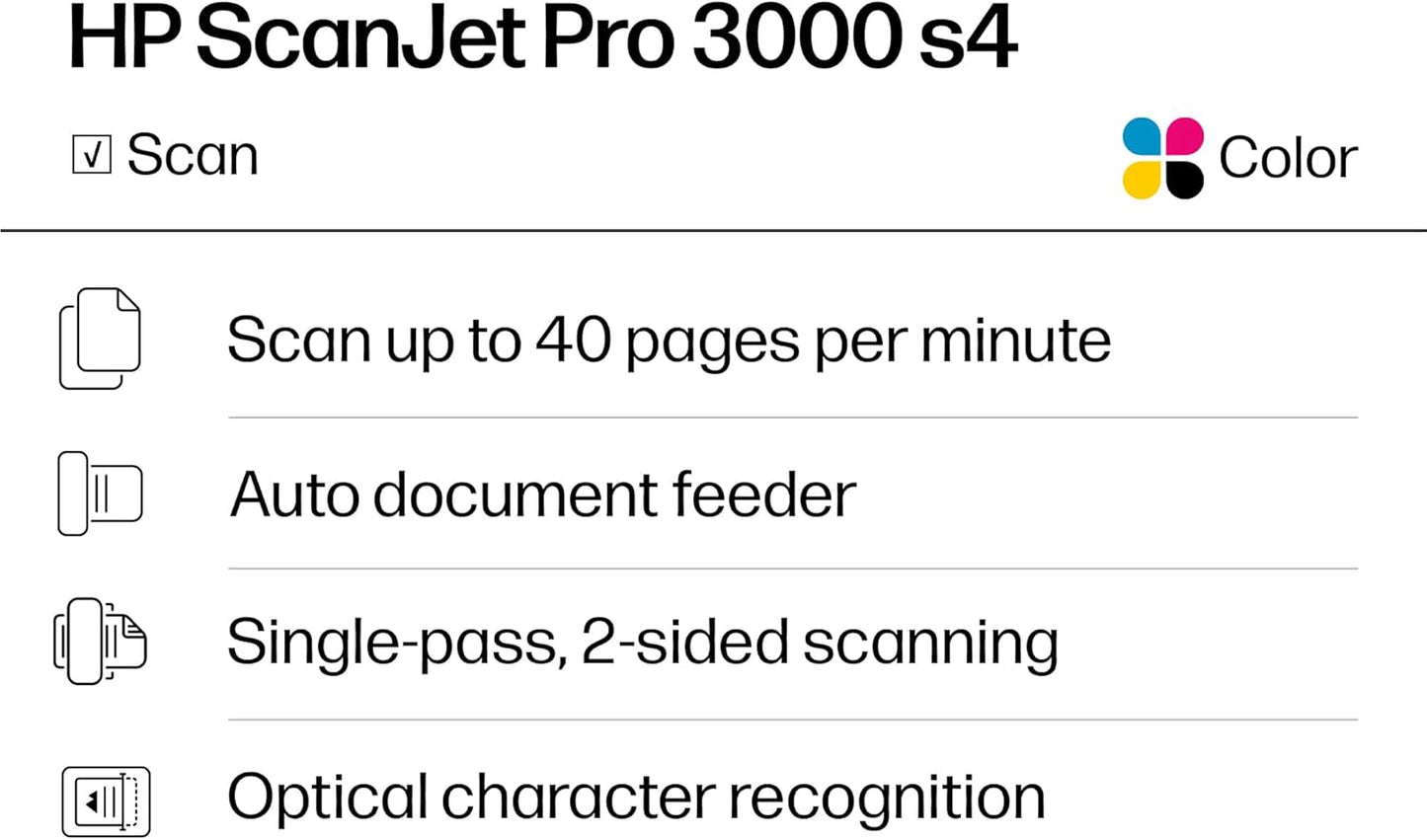 HP ScanJet Pro 3000 s4, Fast 2‑Sided Scanner with Auto Document Feeder, Best for Small Business (6FW07A)