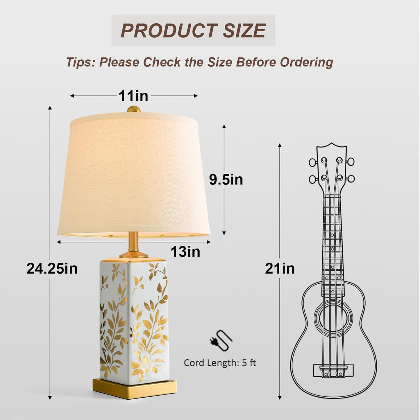 24.25" Mid Century Modern Lamp Set of 2, Vintage Farmhouse Chinoiserie Ceramic Table Lamps, Reflective Gold Leaf Pattern Bedside Lamps for Bedroom Living Room Nightstand, White & Gold