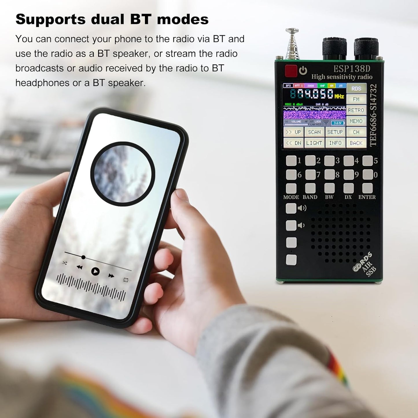 ESP138D Dual Chip Shortwave Radio, TEF6686 SI4732 Full Band Receiver, High Sensitivity FM AM SSB Airband Radio, BT 5.0 2.4in Touchscreen Alloy Shell for DX Aviation Emergency