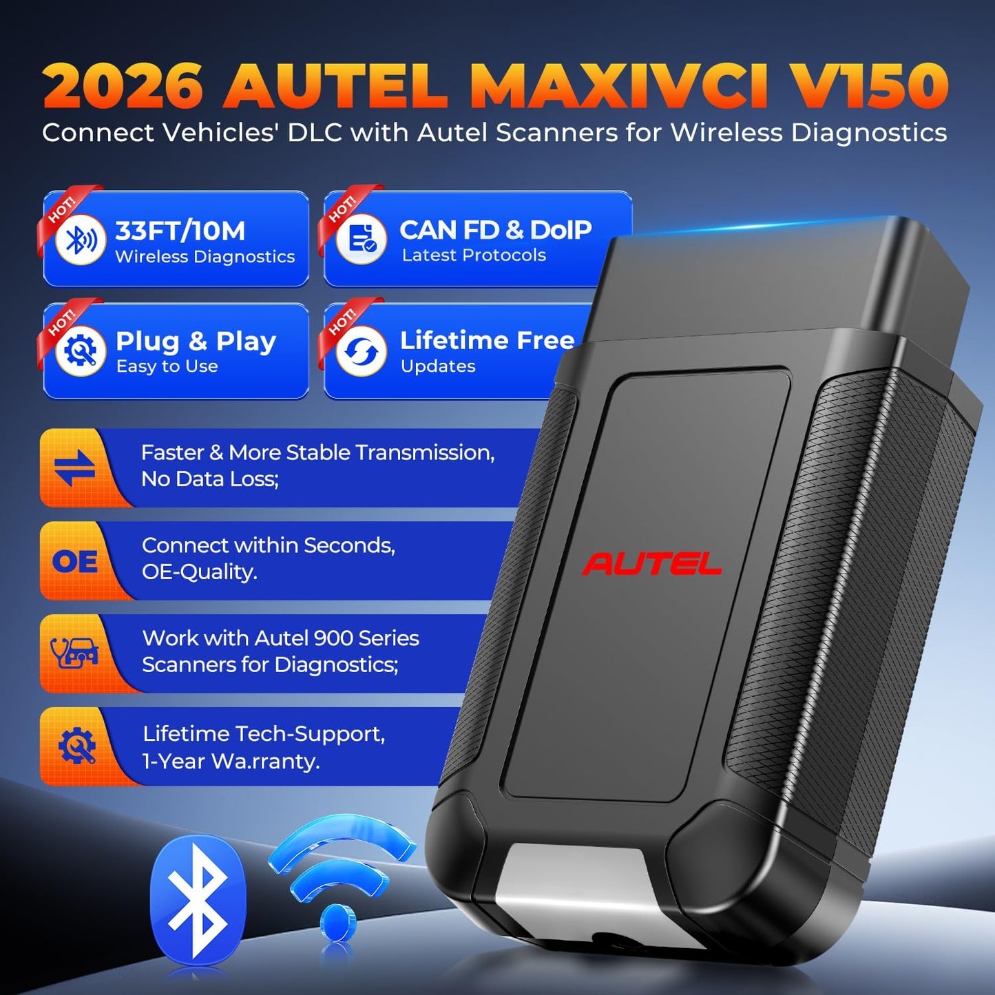 Autel Original MaxiVCI V150 VCI150 OBD2 Bluetooth Adapter, 2026 VCI 150 Car Wireless Communication Interface, Work w/Autel Diagnostic Scanner MK900BT MP900BT MP900Z-BT MP900TS MK900TS MX900TS TS900
