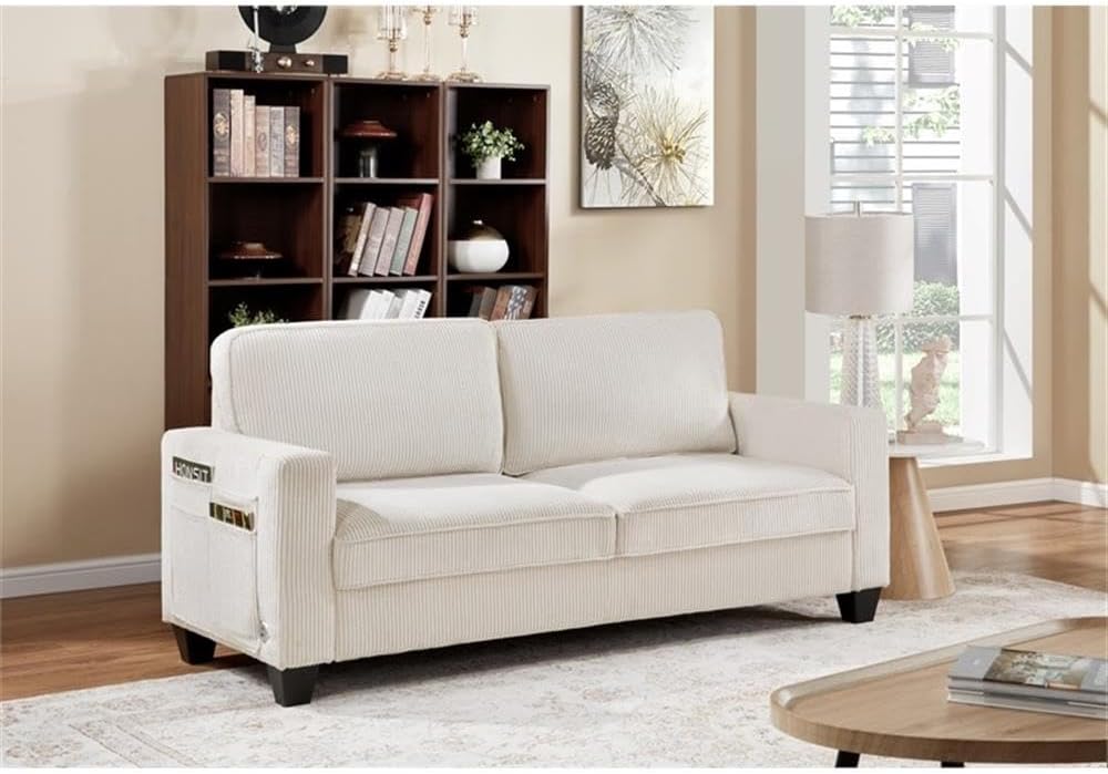 BOWERY HILL Transitional Set of 2 Corduroy Fabric Beige Sofa and Loveseat with Built-in USB Charging Port and Functional Side Pockets