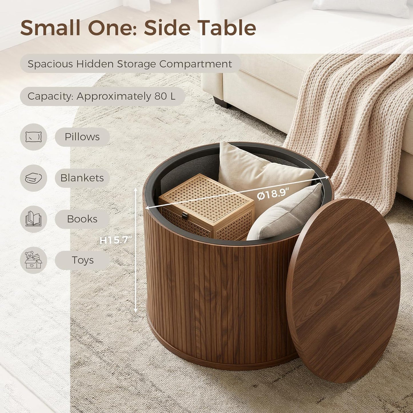 IRONCK Round Coffee Table Set of 2, Fluted Coffee Table and End Table with Storage, Wood Center Tables with Sliding Tambour Door and Hollow Side Table, Mid Century Modern, Walnut