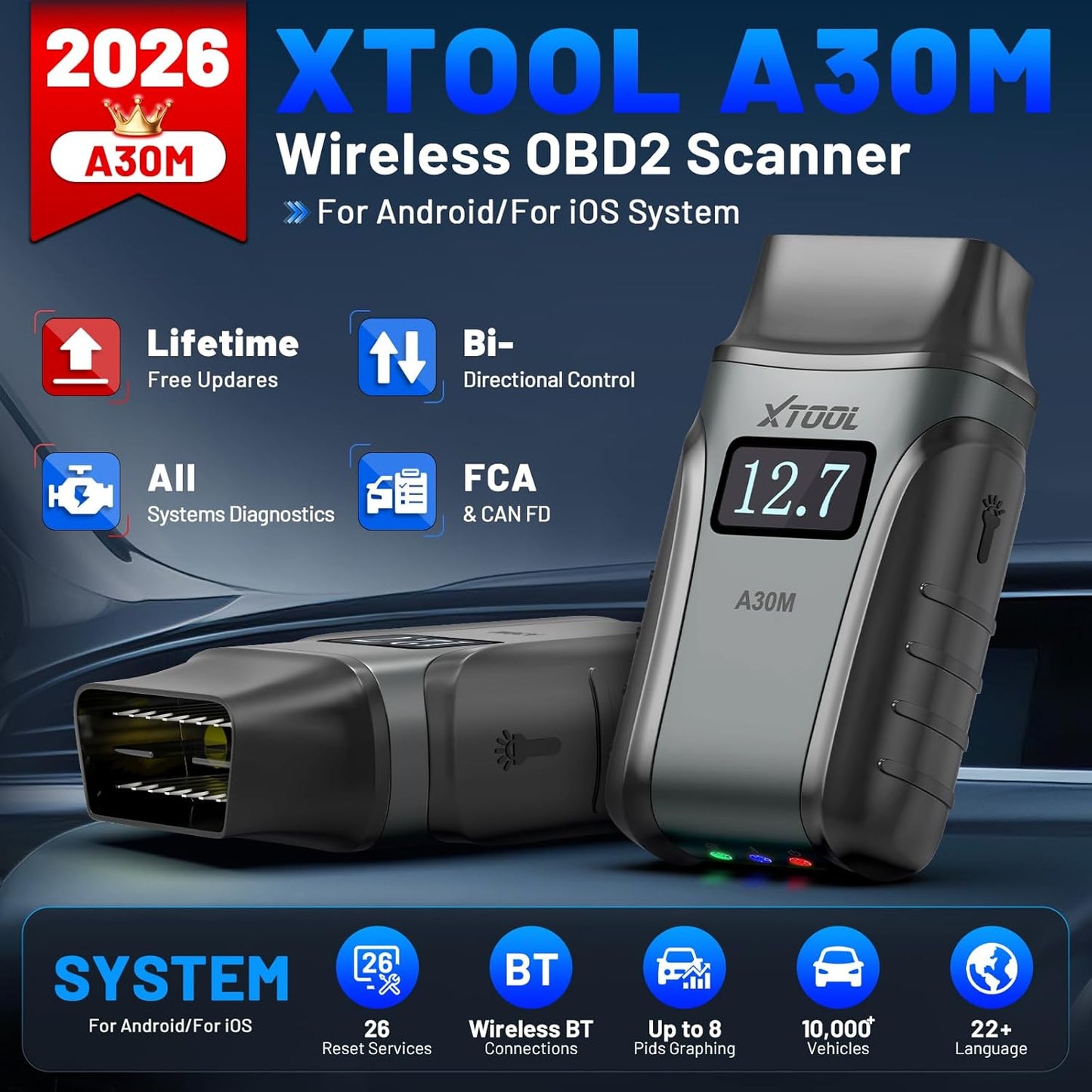 OBD2 Scanner Diagnostic Tool XTOOL A30M V2.0, 2026 Wireless Bidirectional Code Reader, 26 Reset, All System, Crank Sensor Relearn, EPB, Throttle Relearn, Lifetime Free Updates, Android & iOS