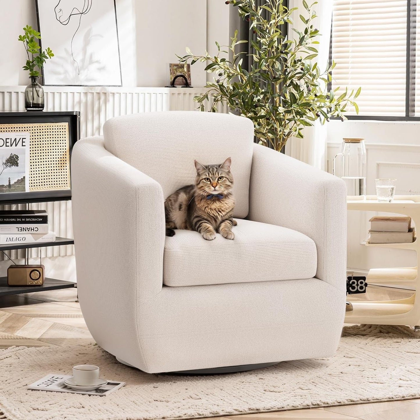 COLAMY 360° Swivel Accent Chair Set of 2 No-Sag Foam & Sturdy Metal Base, Fully Assembled Living Room Armchair with Pillow, Swivel Accent Single Sofa for Bedroom Living Room, Reading Room, Beige