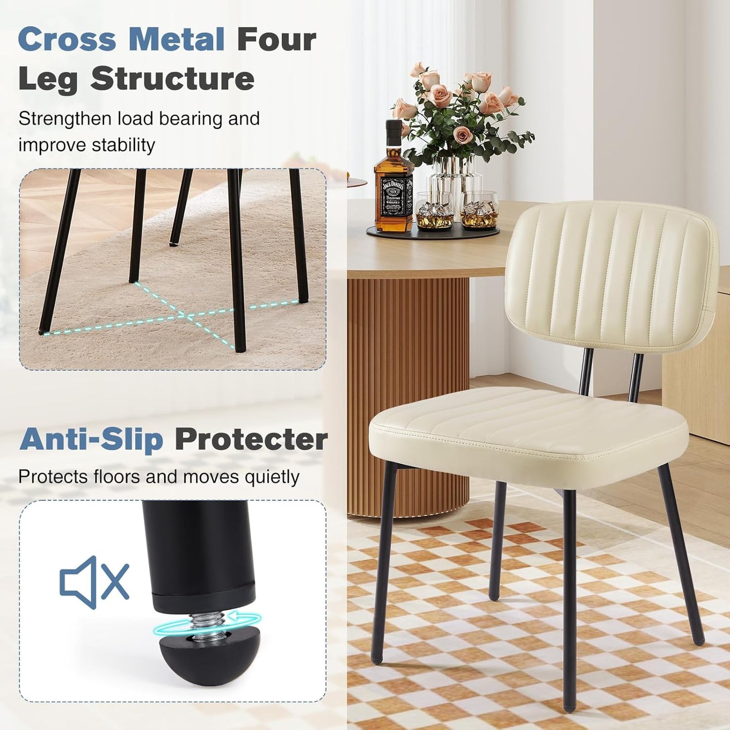 DUMOS Dining Chairs Set of 4, Upholstered Mid-Century PU Leather Accent Chair with Backrest and Metal Legs for Kitchen, Living Room, Beige White