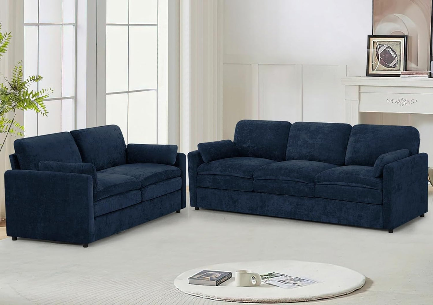 Classic Chenille Sofa Set with 2 Extra Armrest Pillows, Loveseat and 3-Seat Sofa with Upholstered Seat & Backrests, 2 Pieces Sectional Couch with Thickened Cushions for Living Room, Blue