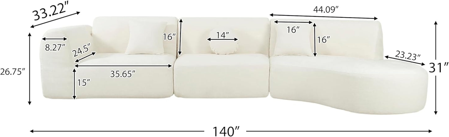 Merax 140" Curved Polyester Sectional Sofa Set, Modern Cloud Couch with Chaise Lounge & 3 Pillows, Fully Assembled for Living Room, Beige