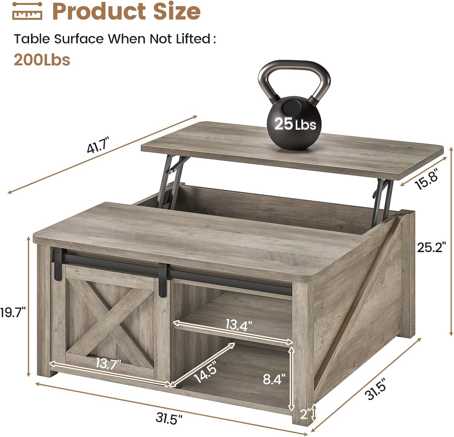 SEDETA 31.5" Lift Top Coffee Table with Storage, Square Coffee Tables for Living Room, Farmhouse Coffee Table with Large Hidden Storage Compartment and Adjustable Shelves, Grey