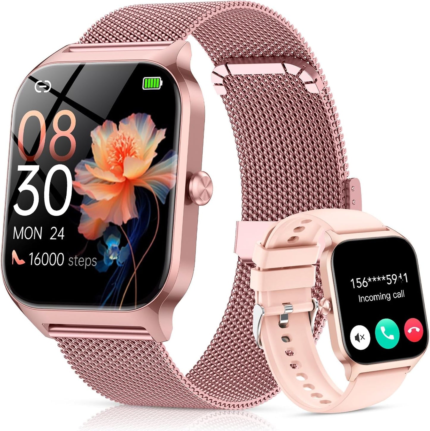 CASCHO Smart Watch for Women (2 Bands), Bluetooth Call Smartwatch with AI Voice,1.85" HD Fitness Watch,Heart Rate/SpO2/Steps/Sleep Monitor,120+ Sports Modes,IP68 Waterproof Watch for Android iOS-Rose