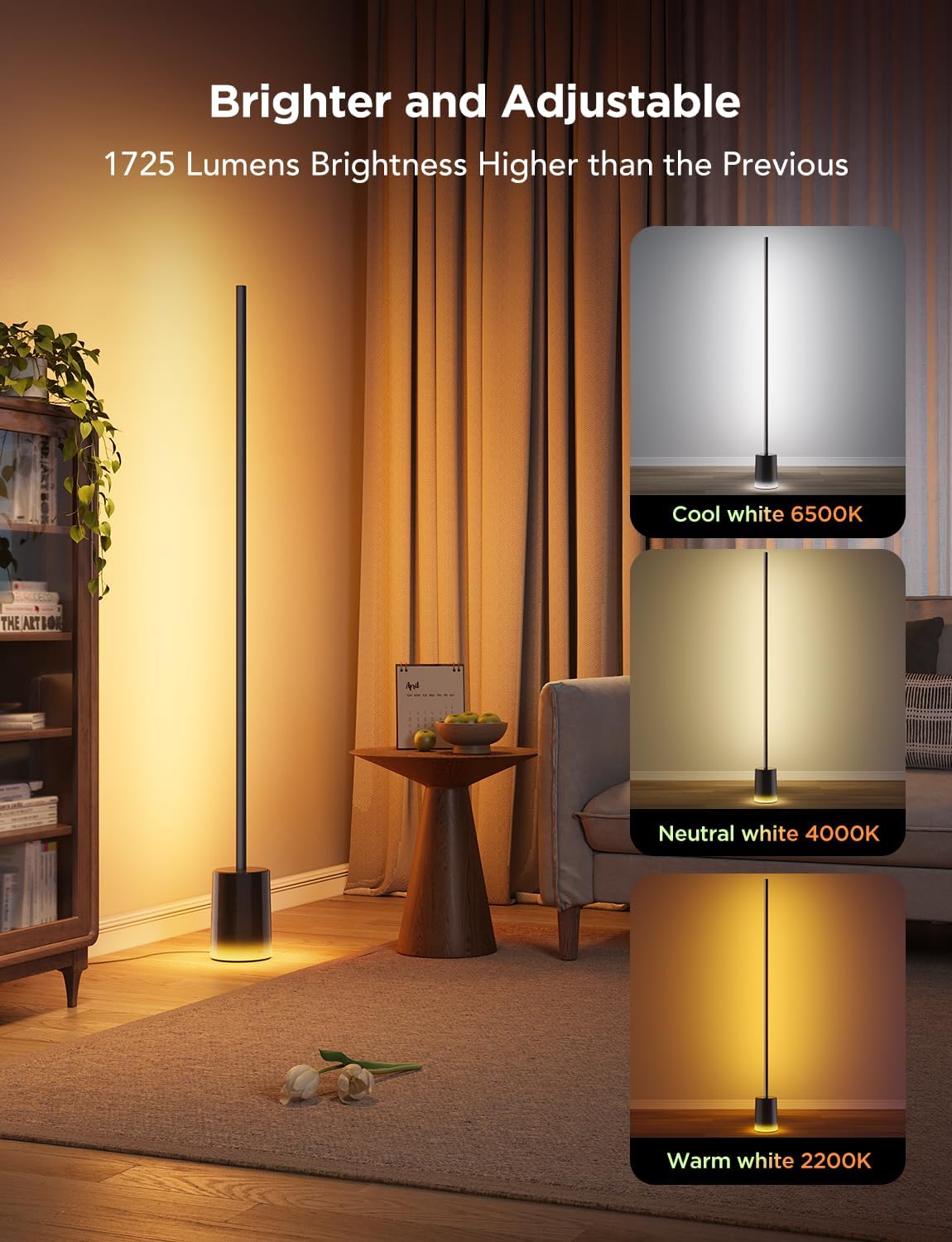 Govee Floor Lamp 2, RGBIC, Warm Cool White LED, Compatible with SmartThings, Matter, Alexa, 1725lm, Music Sync, Scene Modes, Smart Floor Lamp for Living Room, Bedroom, Black(1 Pack)