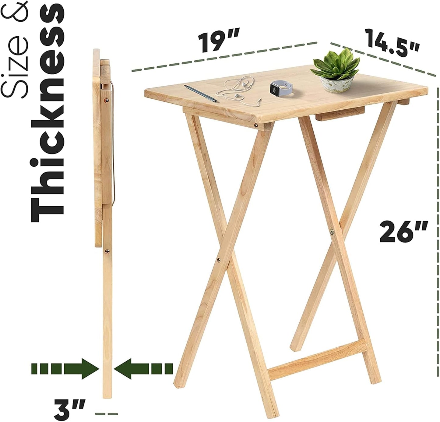 PJ Wood 5-Pack TV Tray, Folding Wooden Dinner Table Set with Storage Rack, Natural - Portable and Adjustable Home Furniture for Living Room, Bedroom, and Kitchen