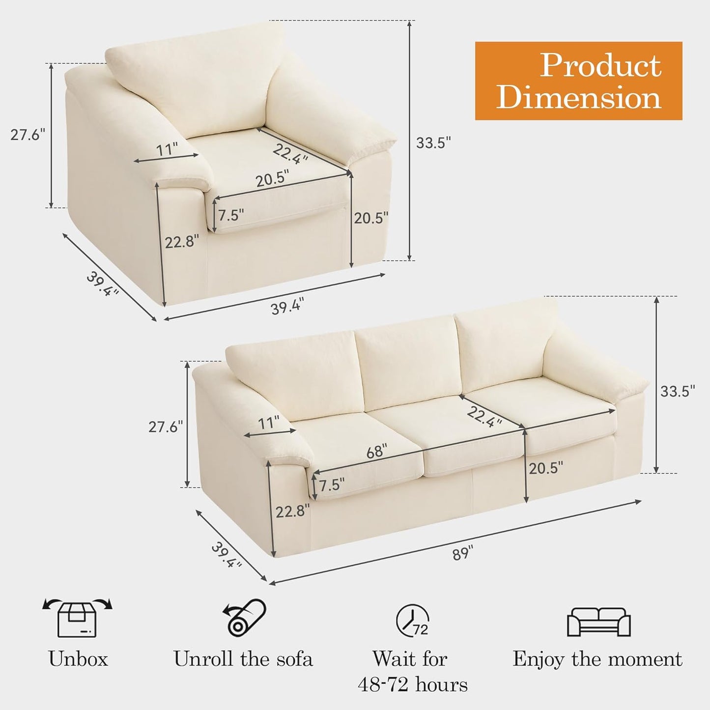 Boneless Couch Sets, Modern 3 Seater Sofa with Accent Chair, Floor Cloud Couch Sets with Extra Comfy Soft Deep Seats for Living Room, Apartment, No Assemby, Set of 2, Beige