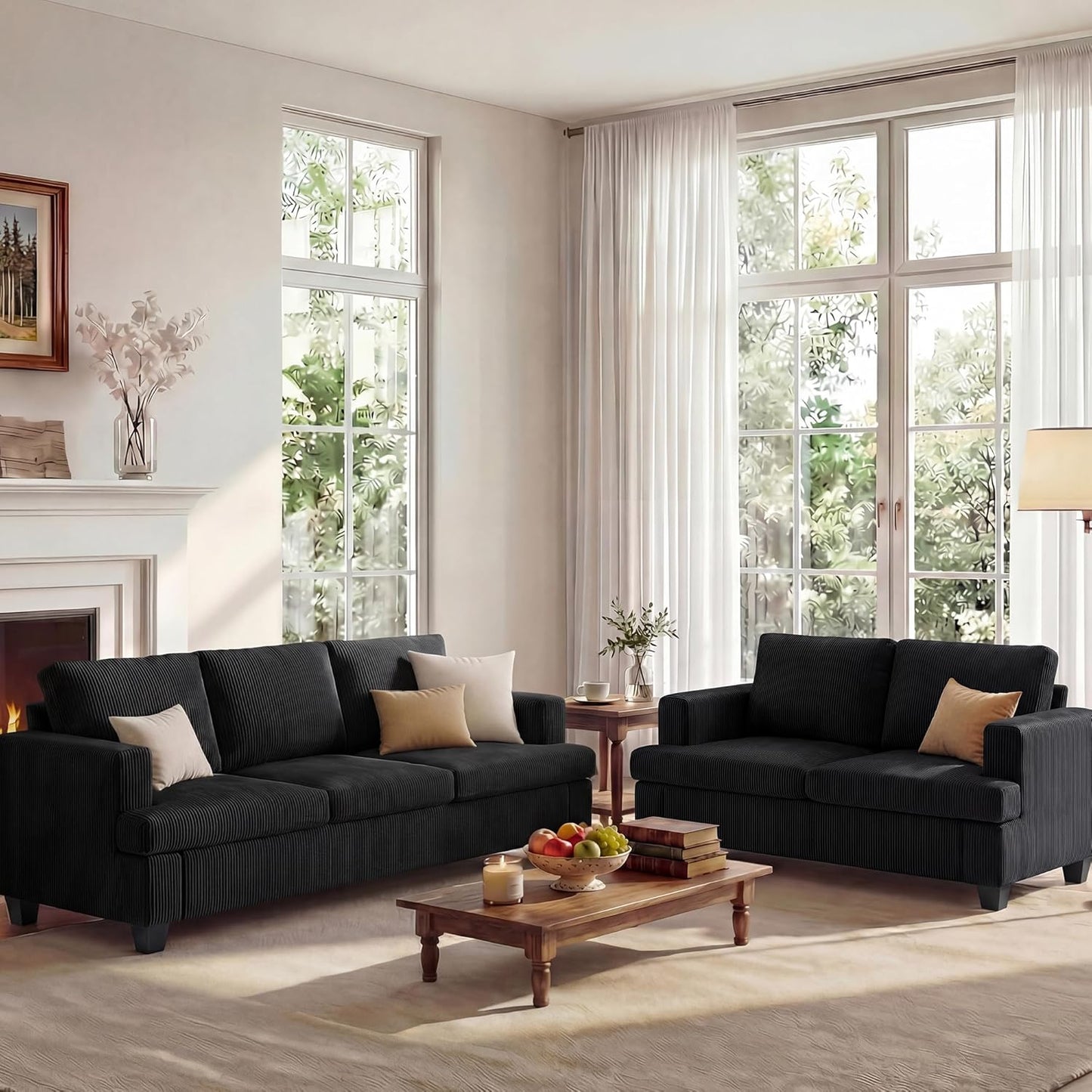 Apicizon Loveseat & 3 Seater Sofa Sets, 89" Couch Sofa Set for Living Room Furniture, 2 Piece Modern Sleeper Sofa with Deep Seat Cloud Couch for Apartment Lounge, Black Corduroy
