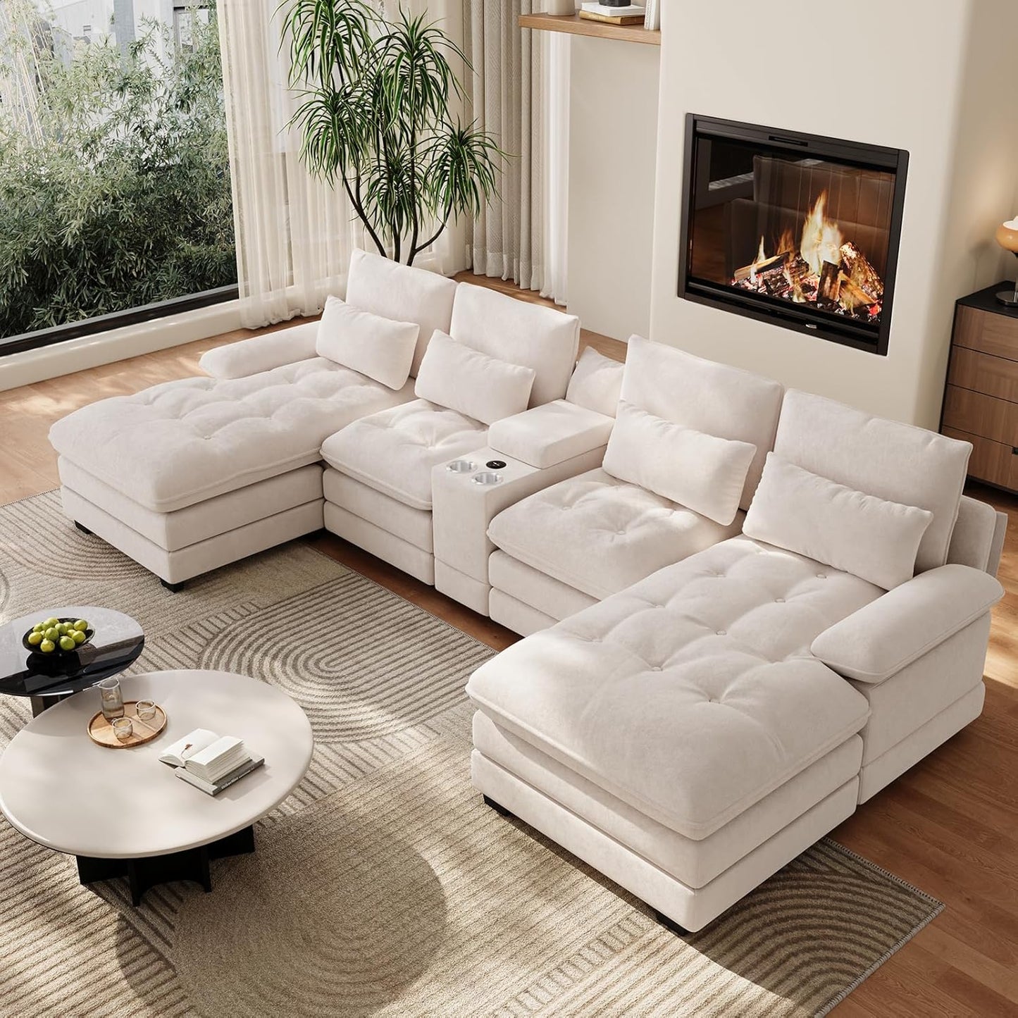 134"U Shaped Sectional Couch for Living Room, Modern Chenille 6 Seat Living Room Sofa Set with Storage Console, Oversized Modular Sectional Fluffy Couch with Tufted Buttons & Chaise Lounge,Beige