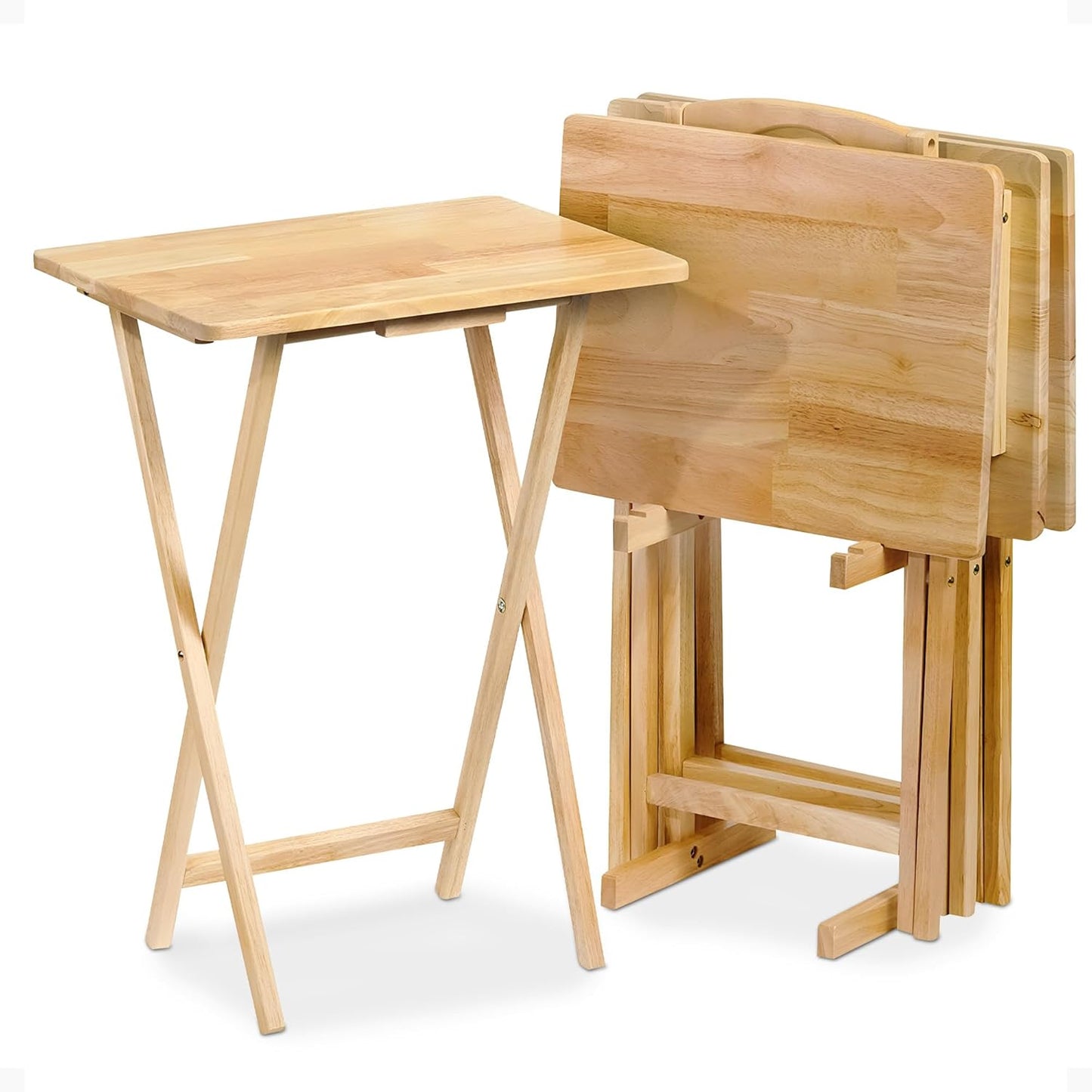 PJ Wood 5-Pack TV Tray, Folding Wooden Dinner Table Set with Storage Rack, Natural - Portable and Adjustable Home Furniture for Living Room, Bedroom, and Kitchen