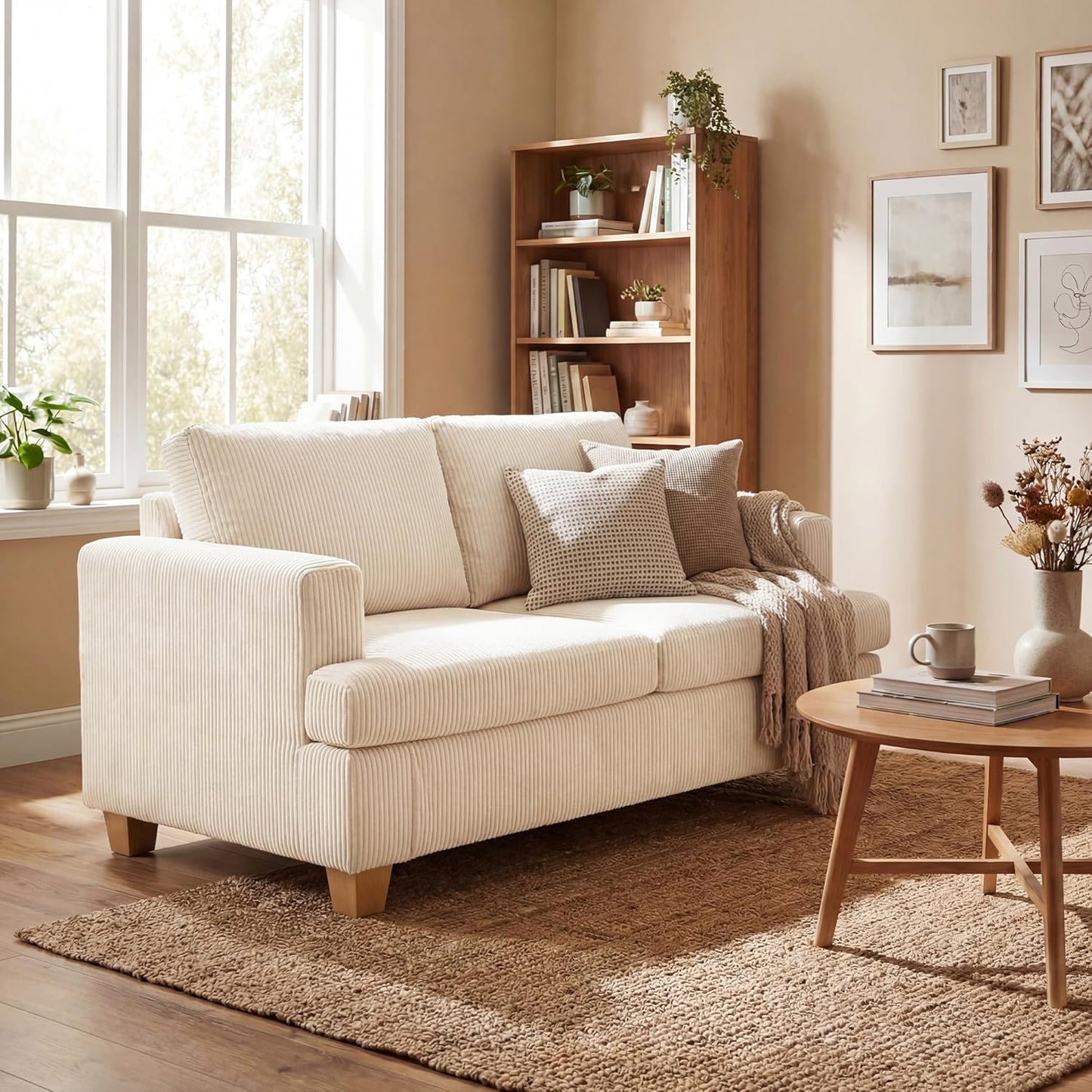 YOUDENOVA 63" Corduroy Sofa Couch Loveseat for Living Room, Small Seep Seat Loveseat Sofa for Bedroom, Comfy Chenille Couch for Small Spaces, White Corduroy