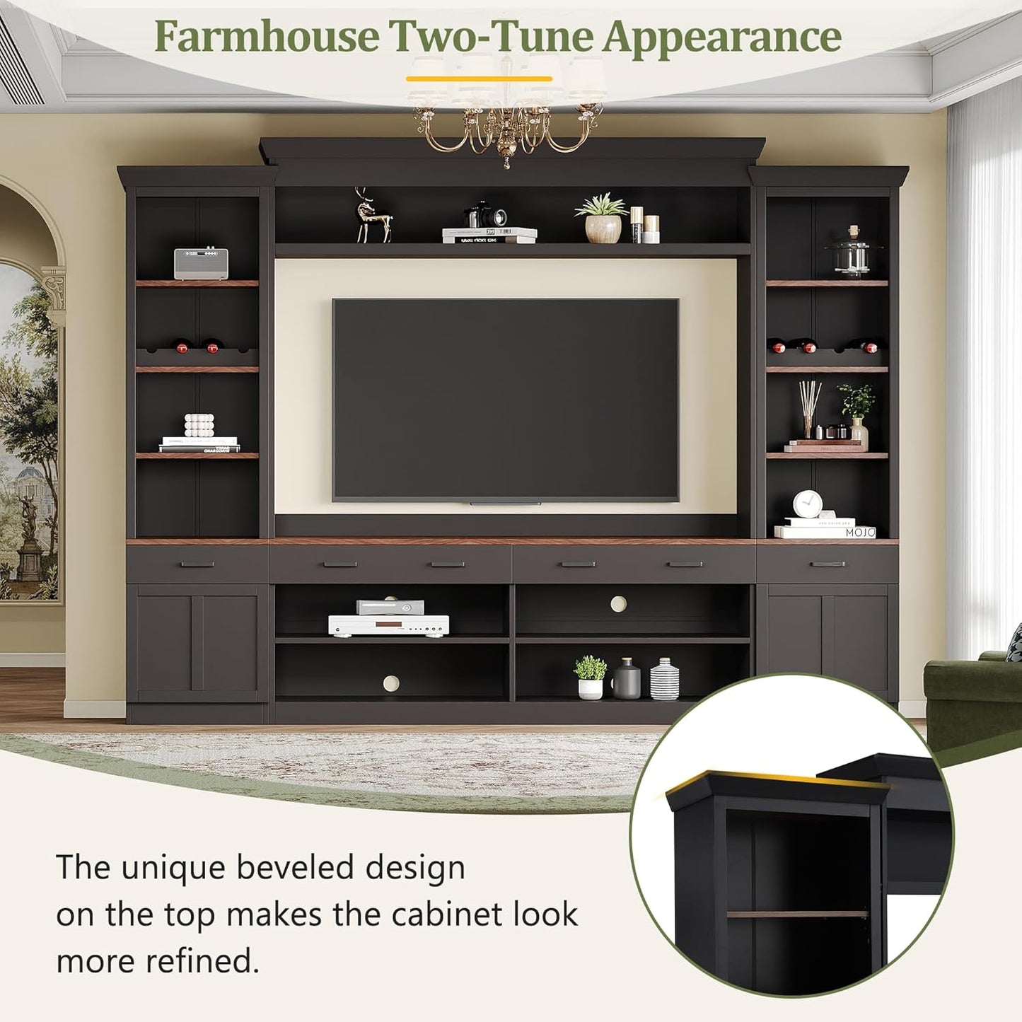 Merax Minimalist Entertainment Wall Unit Set with Ample Storage Space and Adjustable Shelves, TV Stand for Televisions Up to 70'', Mid-Century Large Media Console with Wine Rack for Living Room, Black