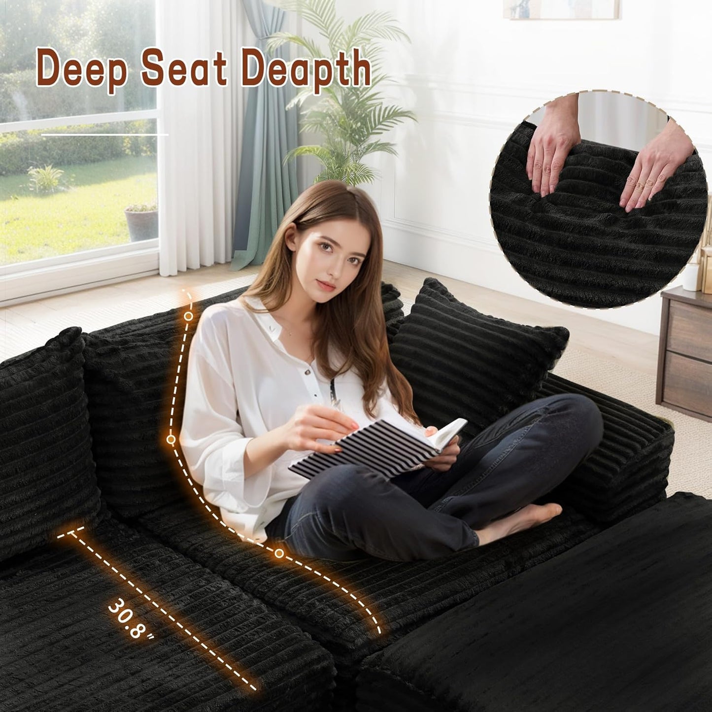 Korser 110" L-Shaped Modular Sectional Sofa with Chaise, Boneless Comfy Corduroy Fluffy Couch with Deep Seat and Side Pockets, Flexible Module Combination for Living Room, No Assembly, Side Pockets