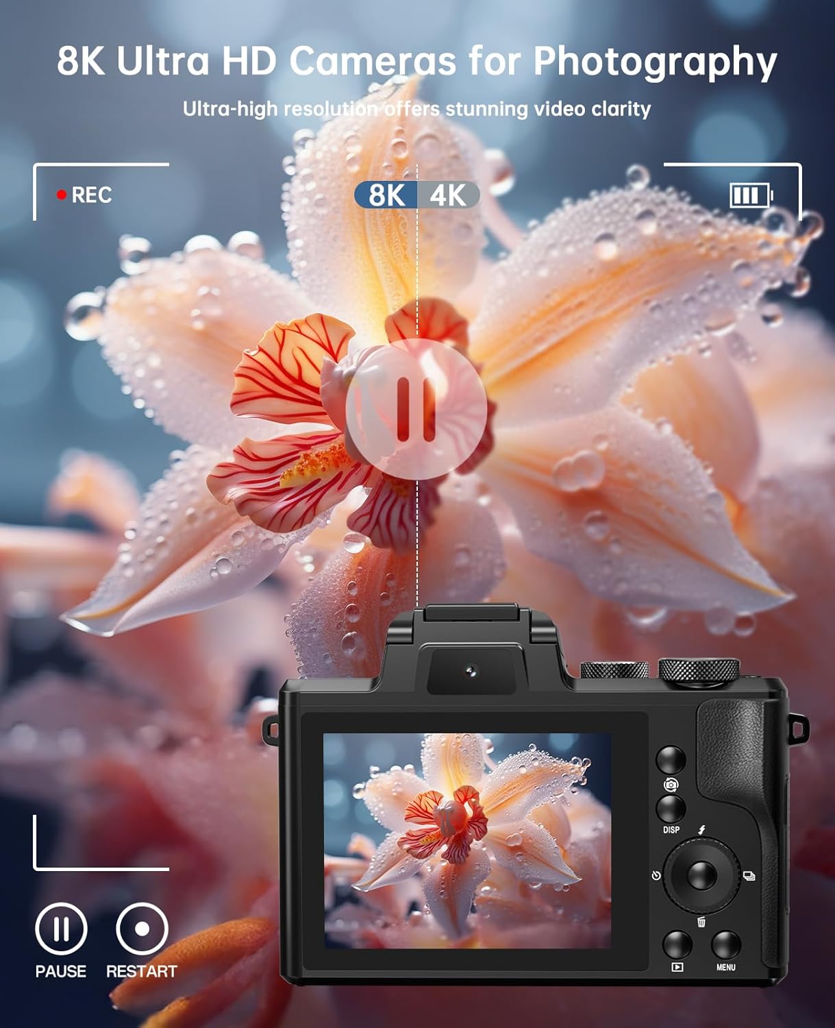 XNSIAKXA 8K Digital Cameras for Photography Autofocus 88MP WiFi Professional 16X Digital Zoom Photography Camera with Dual-Lens for YouTube with Lens Hood, Touch Screen, 2 Batteries & Charging Stand