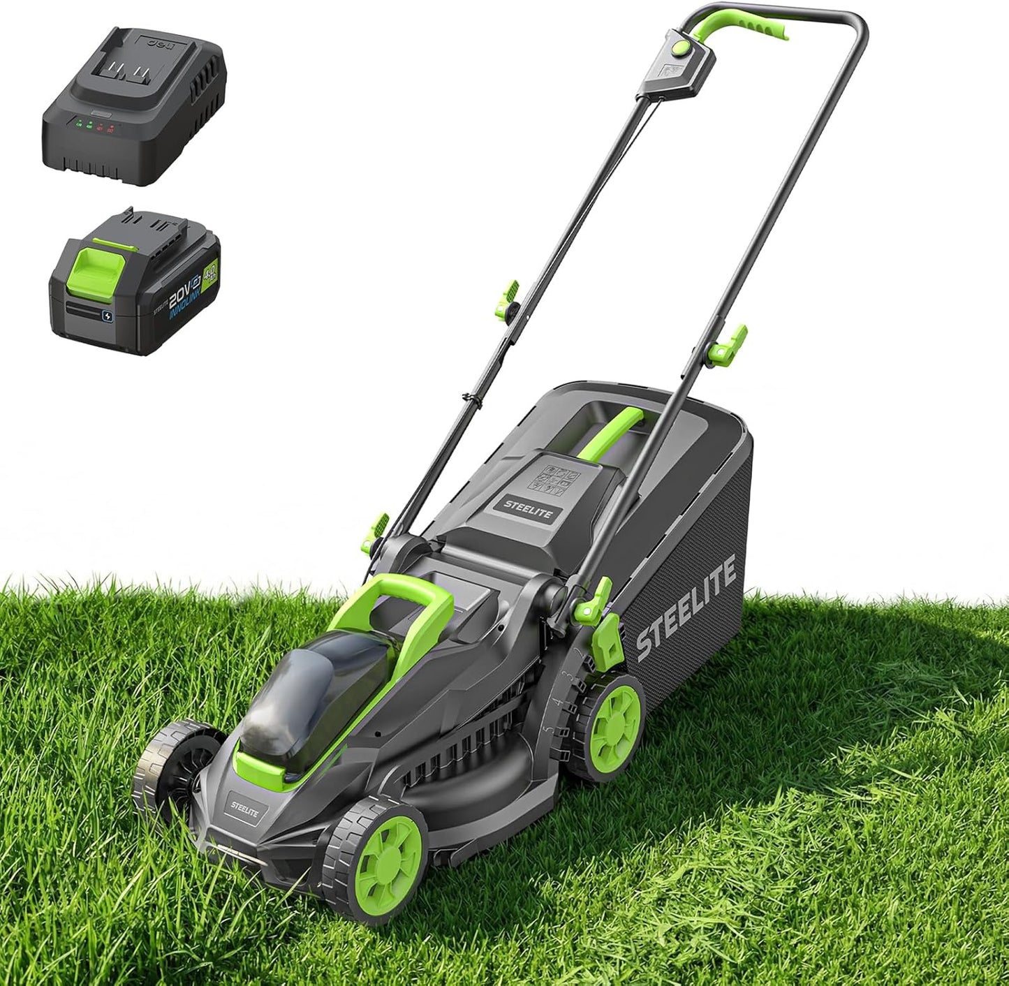 STEELITE 13-Inch Cordless Electric Lawn Mower, 21V Brushless Battery Push Mower with 4.0Ah Battery & Charger, 5-Position Height Adjustment, 8-Gallon Grass Bag