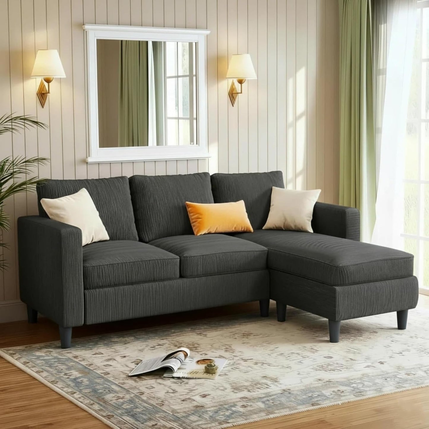 JAMFLY Couches for Living Room, 3-Seat Reversible Sectional Sofa with Convertible Ottoman, Modern Ribbed Fabric L-Shaped Couch for Small Apartment, Studio & Office, Easy Assembly, Grey