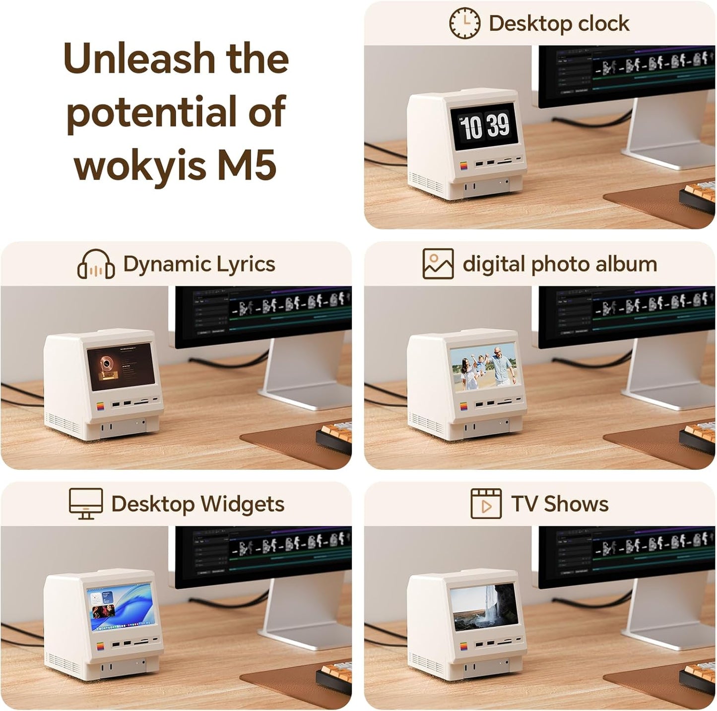 M5 Retro Dock Station for Mac mini M4, 5'inch HD Display, 10Gbps M.2 NVMe SSD Enclosure, SD/Micro SD Reader 4.0, 4*USB-A 1*USB-C 10Gbps, 3.5mm Earphone Jack,