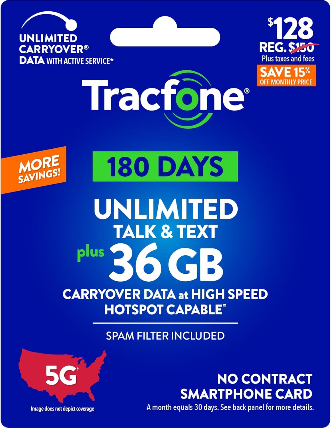 Tracfone $128 Unlimited Talk & Text, 36 GB of Data / 180 Days (Physical Card)