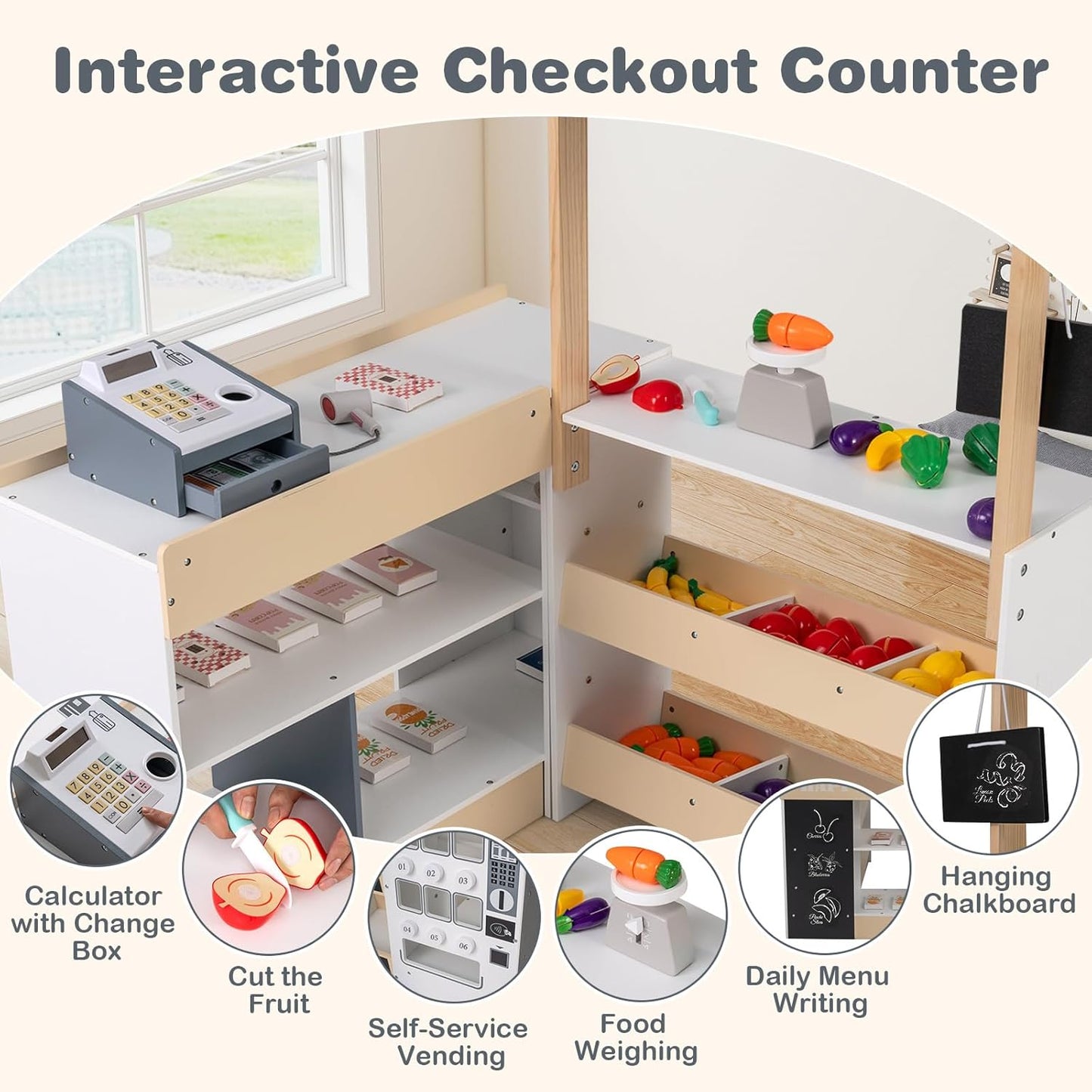 Costzon Kids Grocery Store Playset, Wooden Play Store w/Lights & Sound, Shopping Cart, Blackboards & Cash Register, Toddler Toy Grocery for Boys and Girls Ages 3+ (Natural, 35.5" x 31" x 41")