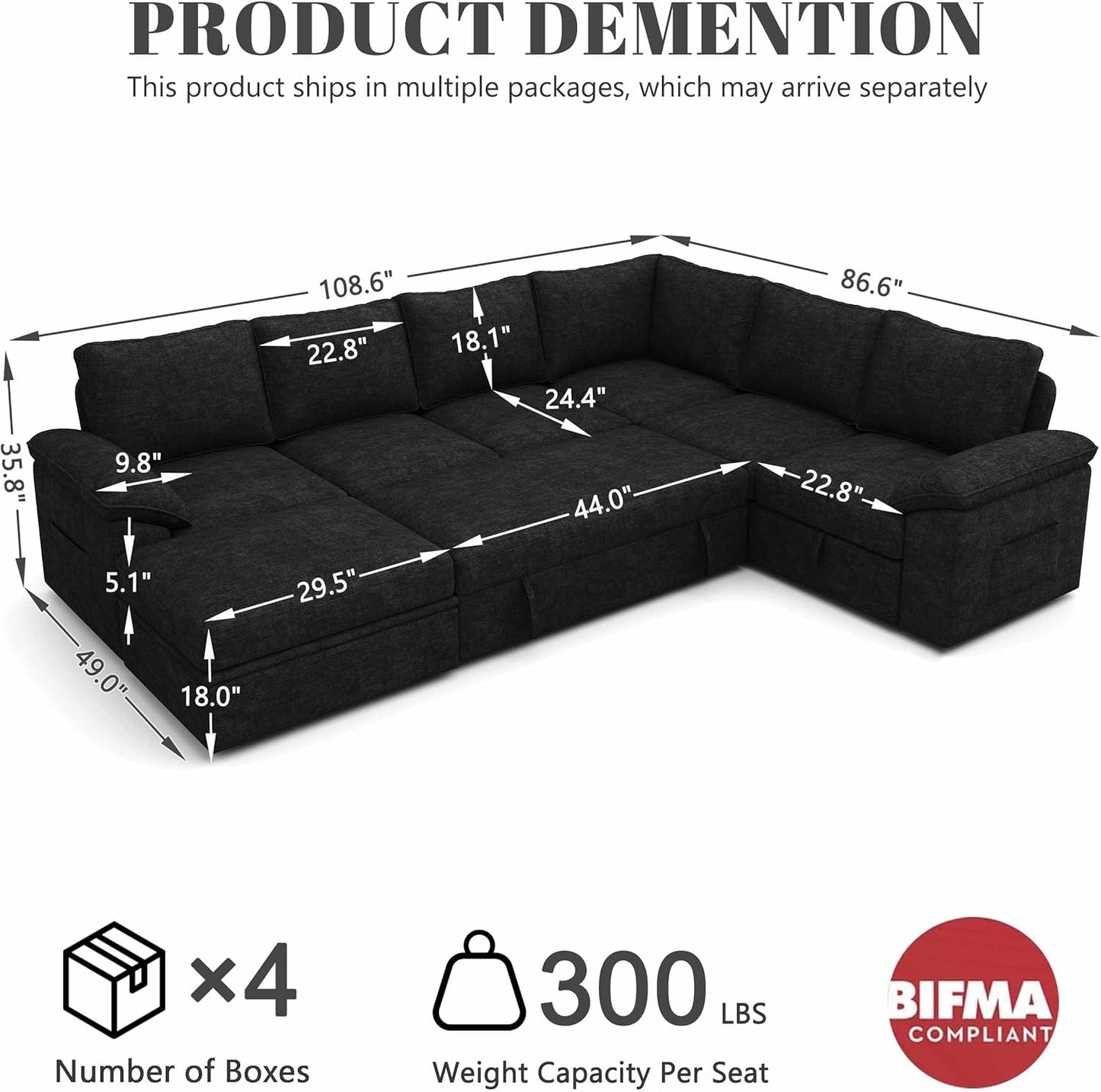 108 Inch Modular Sectional Sofa with Pull Out Bed, U Shaped 7 Seat Sectional Sleeper Sofa with Storage, Sectional Couches for Living Room,Cloud Modular Couch, Removable Sofa Cover, Black
