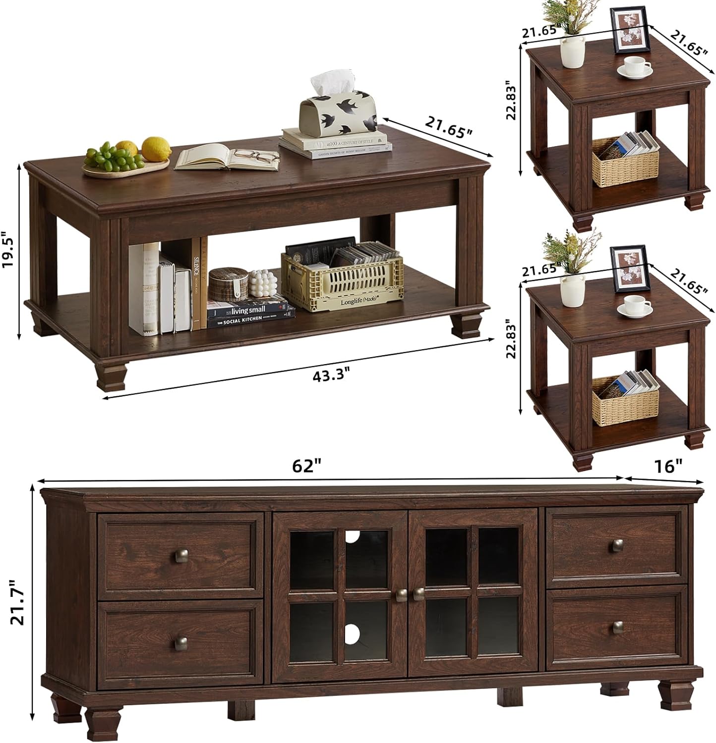 SAVOR LIFE Farmhouse TV Stand and Coffee Table Set 4, Rustic Wood Living Room Table Set with TV Console, Center Table, End Table Set of 2 for Living Room, Walnut