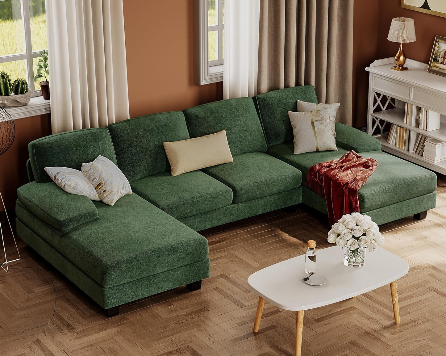 Furmax Sectional Couches for Living Room, U-Shaped Sofa Couch with Linen Fabric, 4 Seat Sofa Set with Double Chaise for Apartment (Chenille, Green)