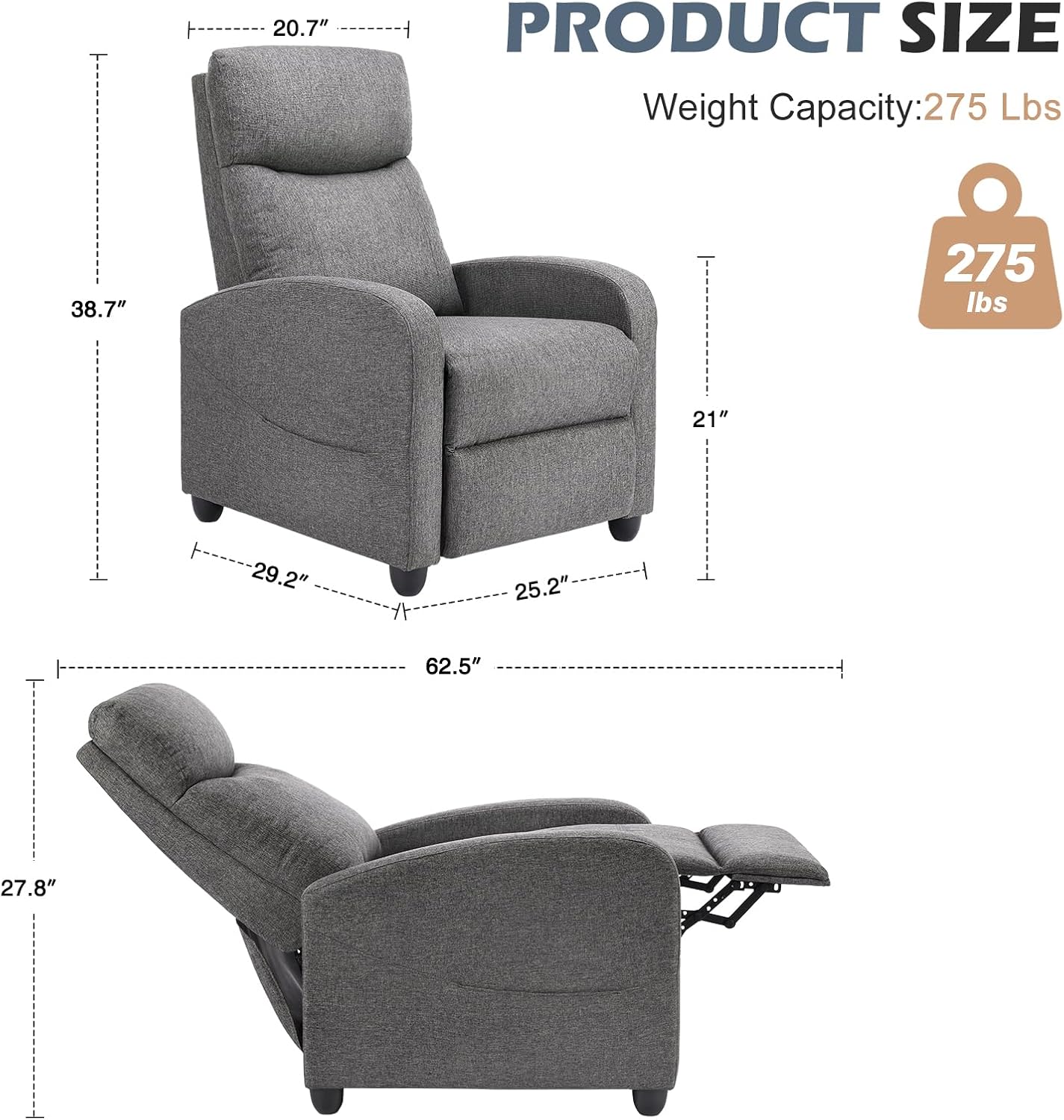 Sweetcrispy Massage Recliner Chair for Adults, Adjustable Home Theater Seating with Lumbar Support for Living Room, Modern Fabric Reclining for Small Space, Grey