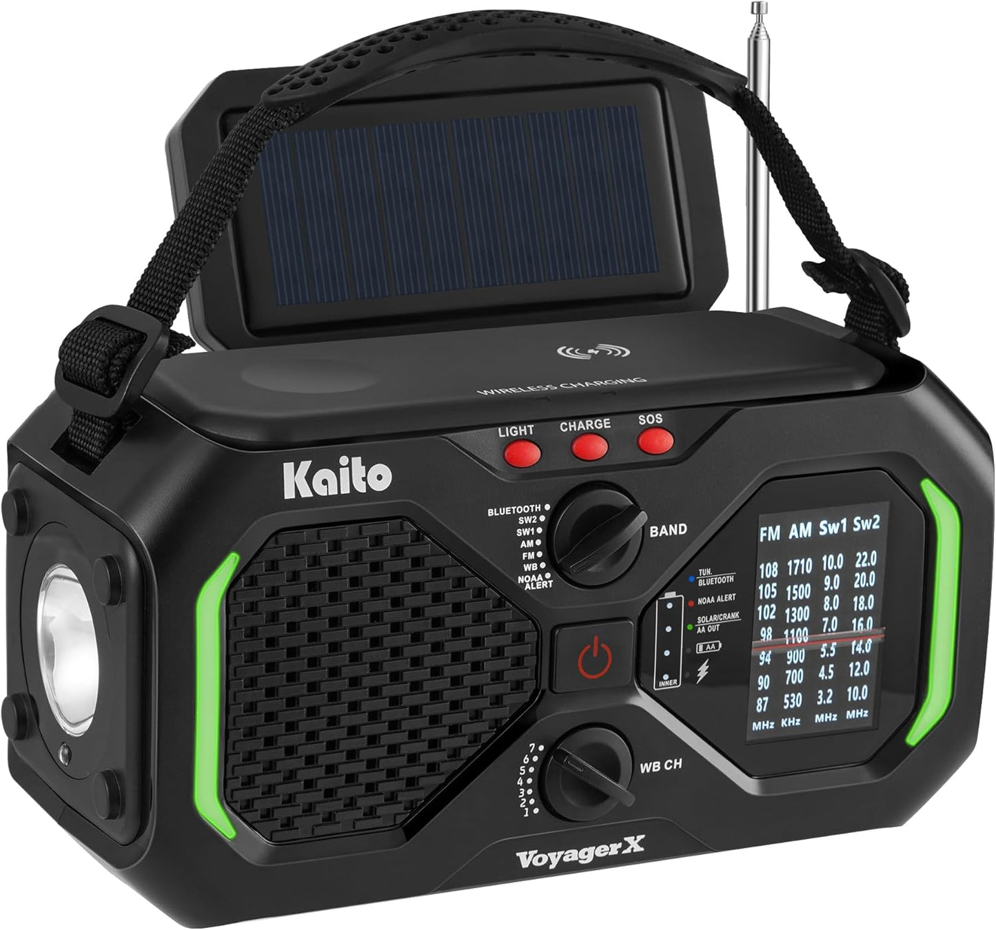 Kaito Voyager X Emergency Radio with NOAA Weather Alert AM/FM/Shortwave Solar & Hand Crank Power Wireless Charging SOS Alarm, LED Flashlight & Reading Lamp Survival & Preparedness Gear (Black)