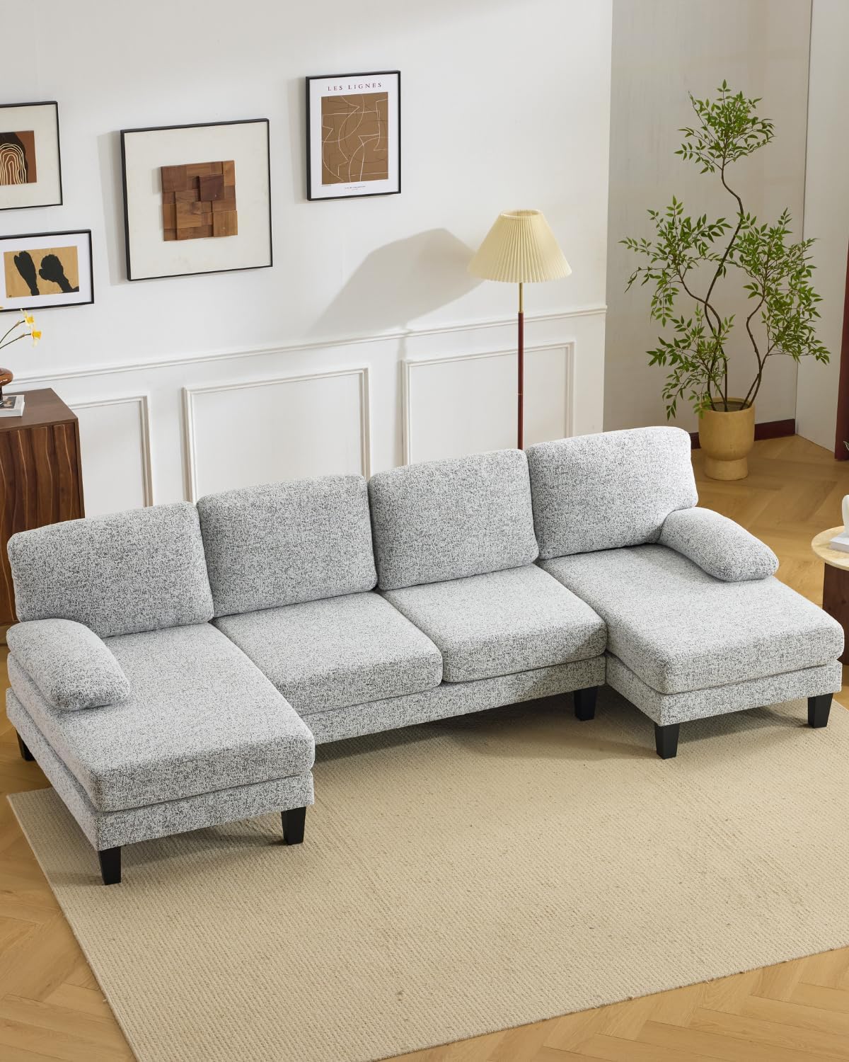 Karl home 110" U-Shape Sectional Couches for Living Room Chenille Upholstery 4 Seat Sofa Set with Double Chaises & Wood Grain Legs for Apartment, White & Grey