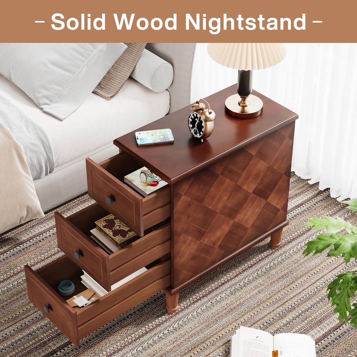 Tribesigns Solid Wood End Table Set of 2, Fully Assembled Narrow Side Table with Drawers, Pre-Assembled Nightstand Slim Bedside Table for Small Spaces, Living Room, Bedroom, Brown