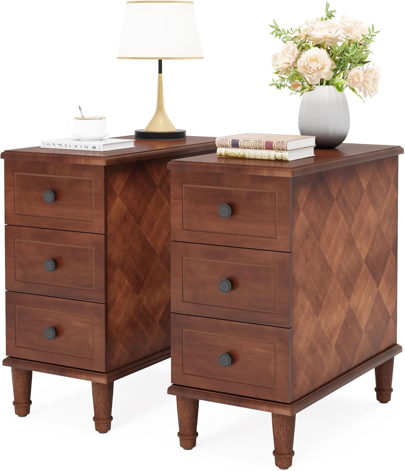 Tribesigns Solid Wood End Table Set of 2, Fully Assembled Narrow Side Table with Drawers, Pre-Assembled Nightstand Slim Bedside Table for Small Spaces, Living Room, Bedroom, Brown